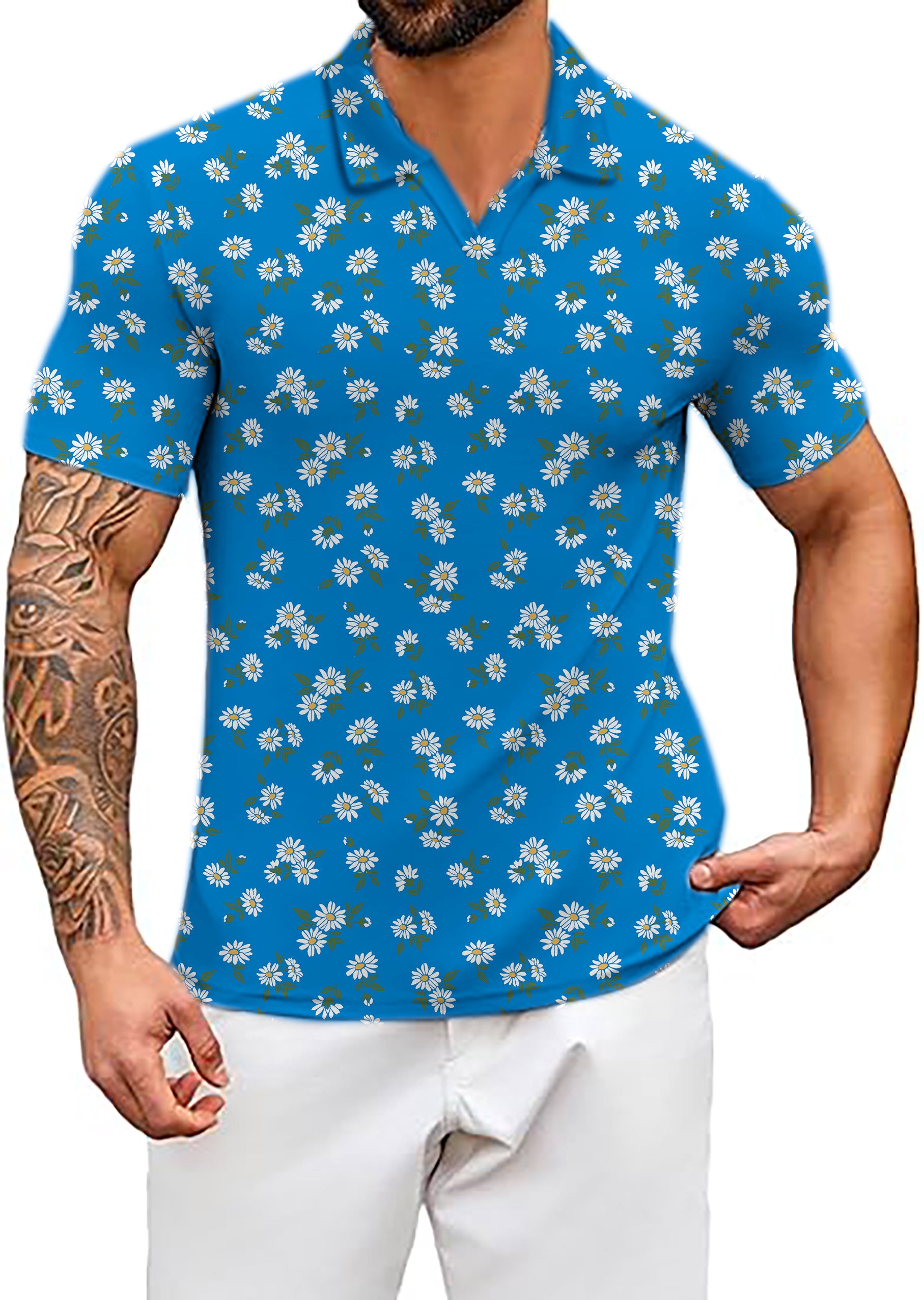 Men's Blue Daisy V Neck Golf Polo Shirts