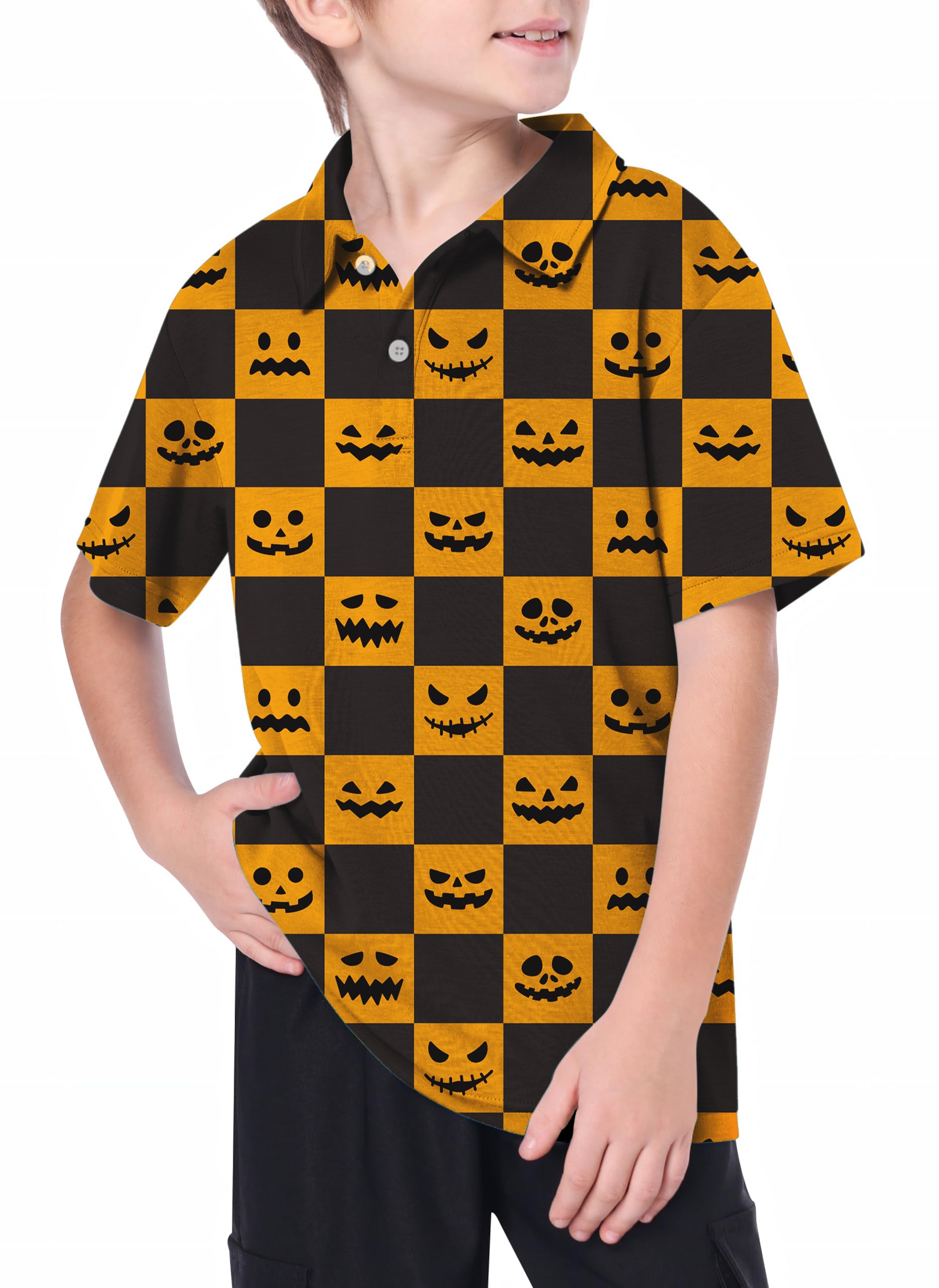 Youth Halloween black and yellow checkerboard pumpkin Golf Polo