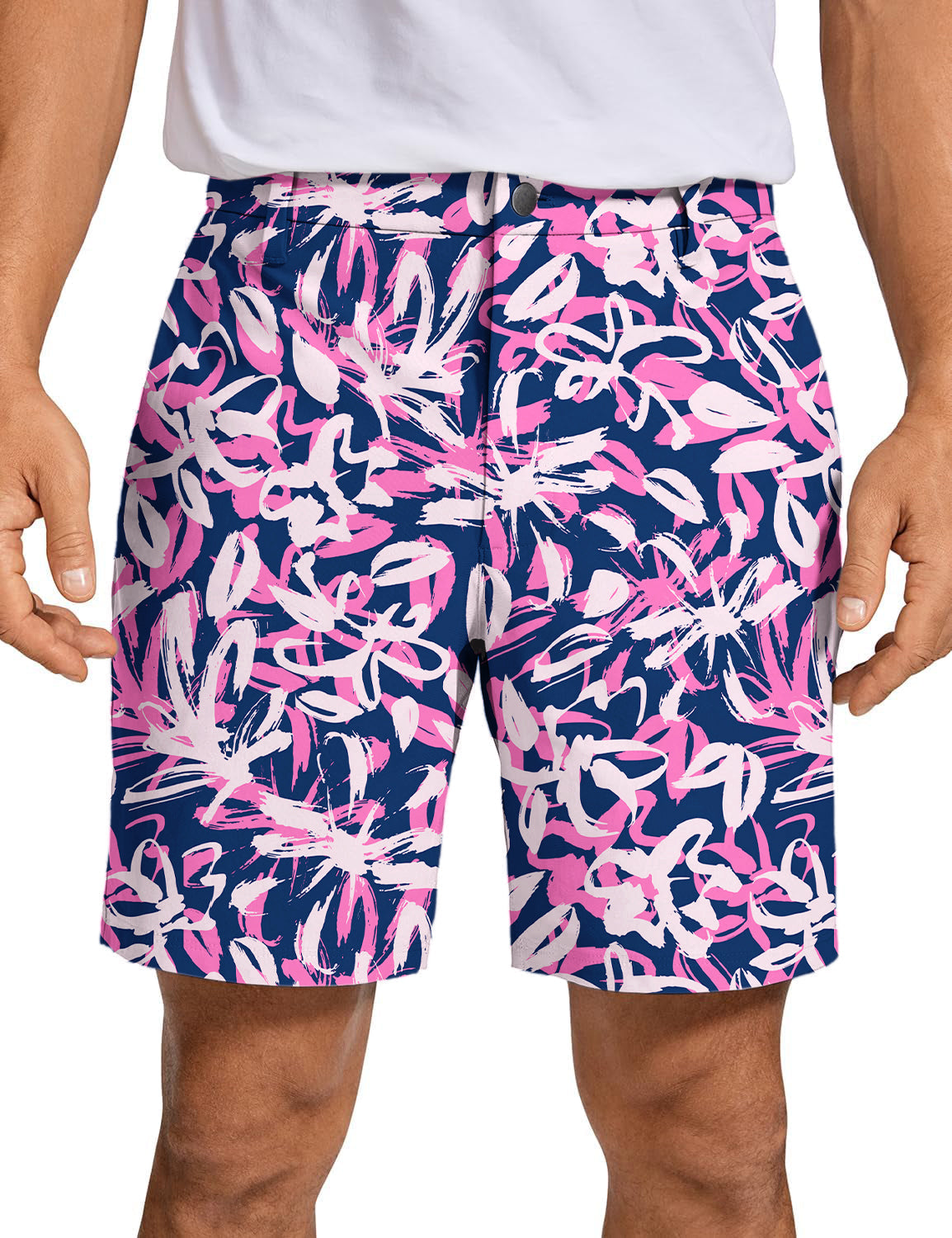 Men's Draw Flowers Golf Shorts with pink floral pattern, quick-dry and lightweight fabric for comfort and style