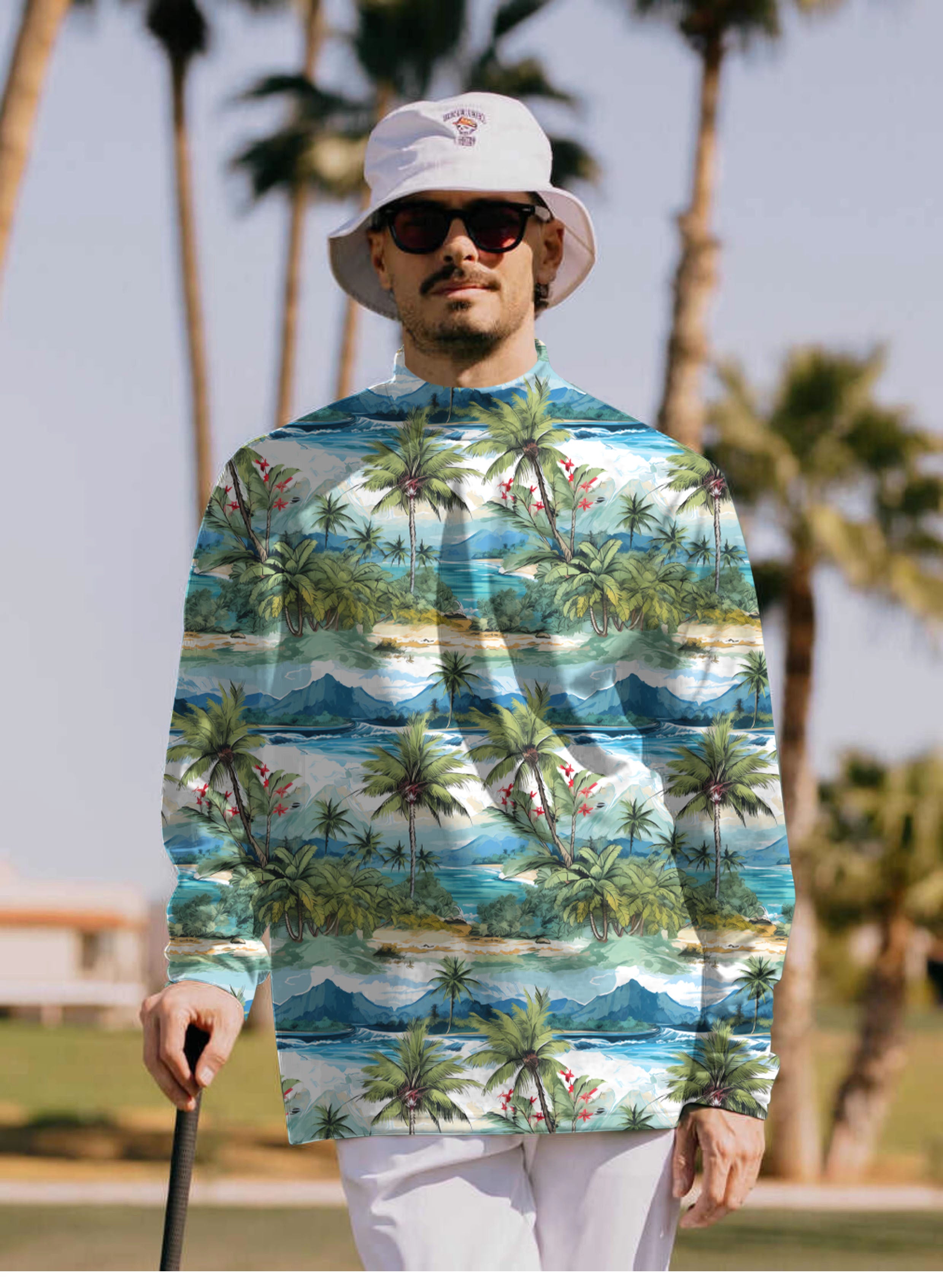 Men's Hawaii palm tree Pullover High neck Long/Short sleeve T-Shirt