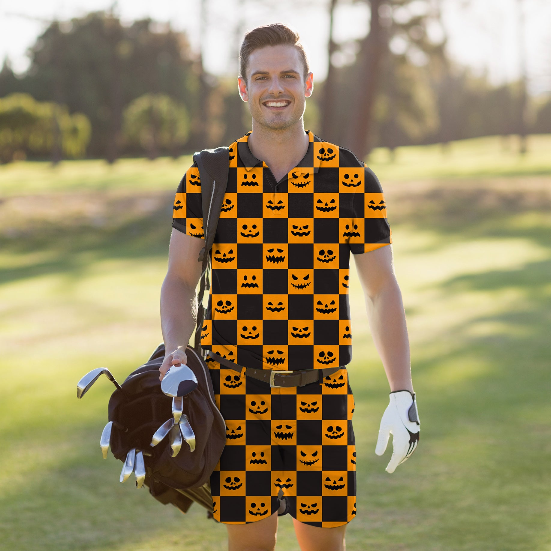 Men's Golf Set Polo+Shorts Halloween black and yellow checkerboard pumpkin