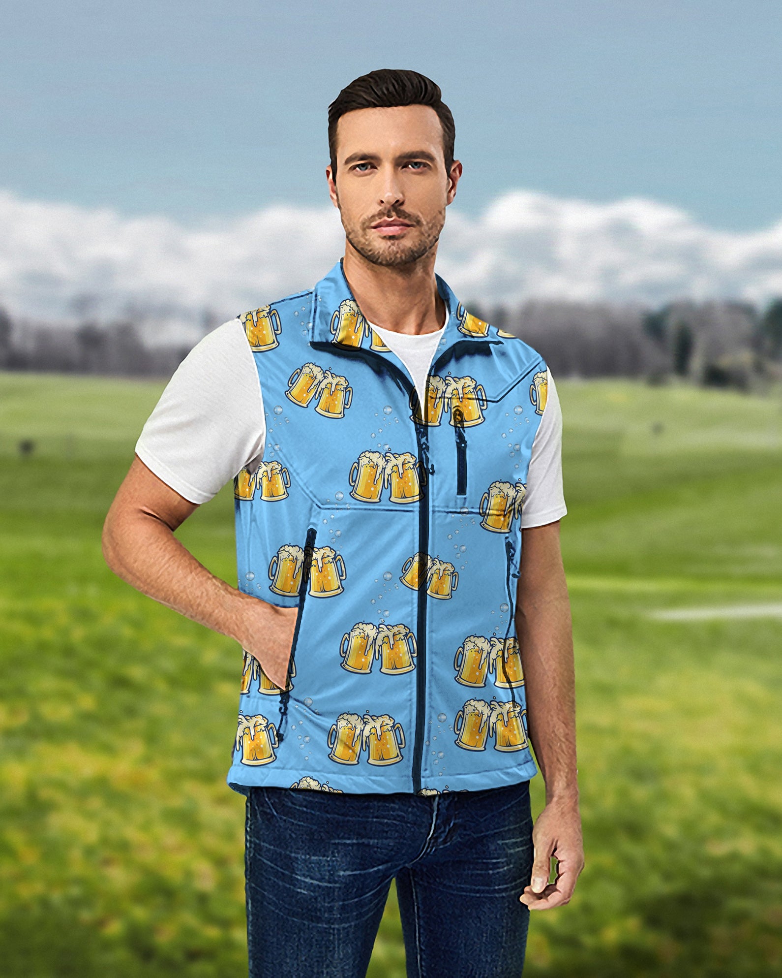 Men's Cheers Beer Lightweight Softshell Vest Sleeveless Jacket for Golf Windproof Waterproof