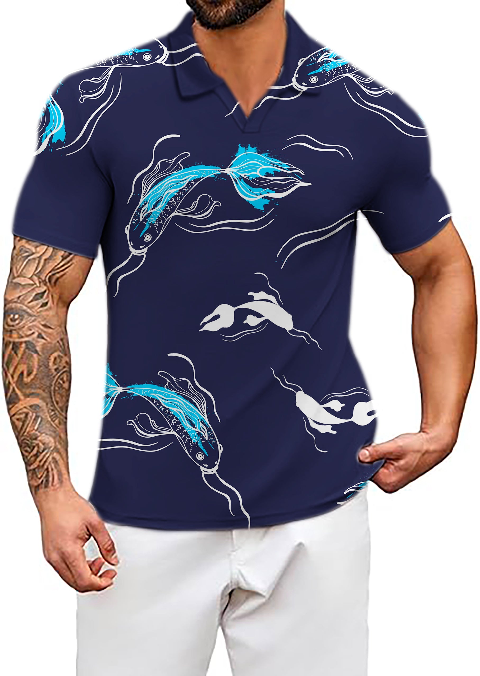 Men's Diamond Accents Fish V Neck Golf Polo Shirts