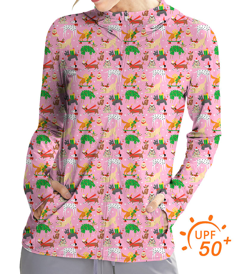 Women's outdoor Christmas dog print golf sun protection slim fit zip hoodie with thumb holes and UPF 50+ fabric