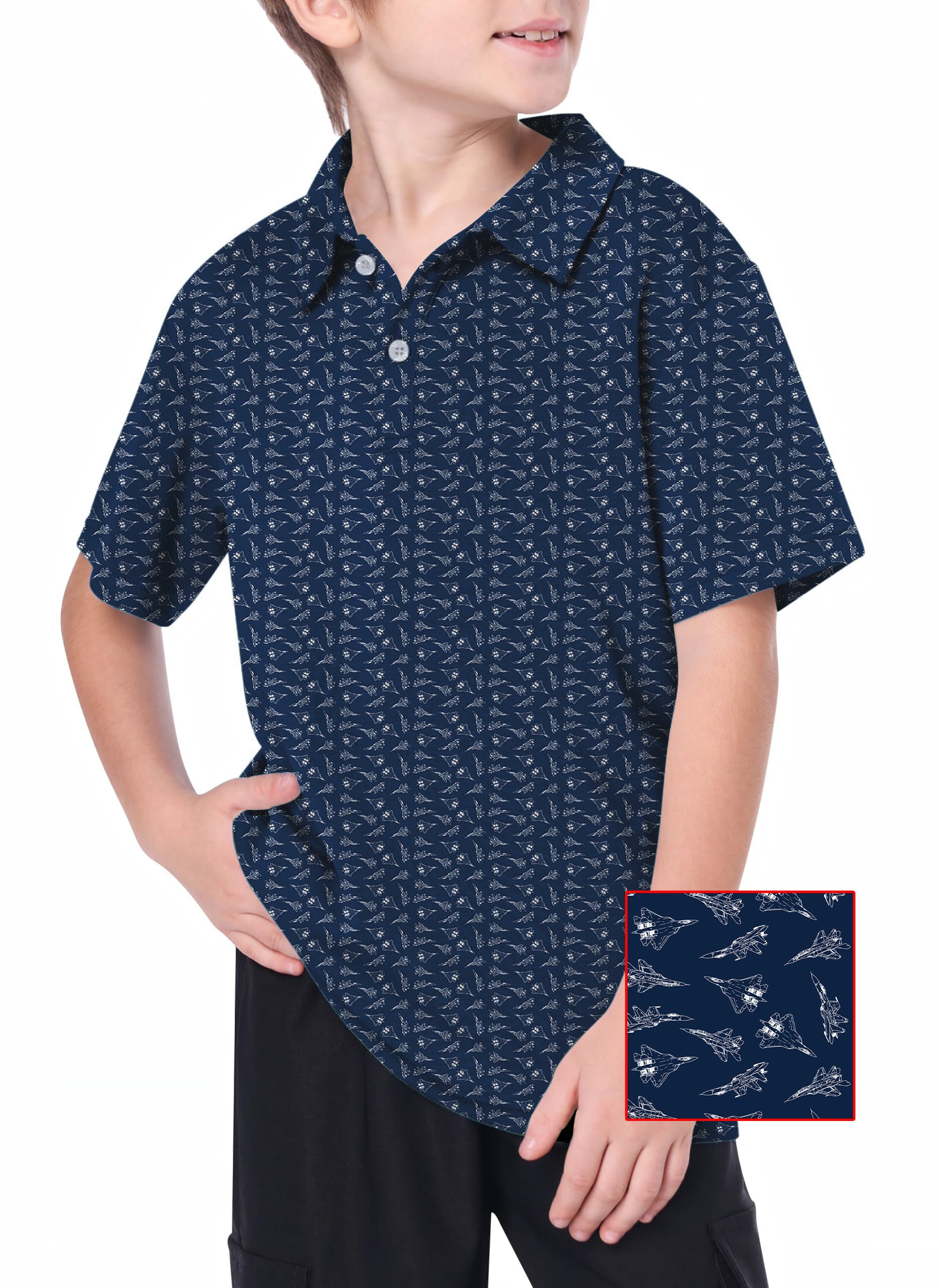 Youth Golf Polo with 4-way stretch, moisture-wicking, anti-odor fabric, and UPF 40+ protection, worn by a boy in navy patterned shirt