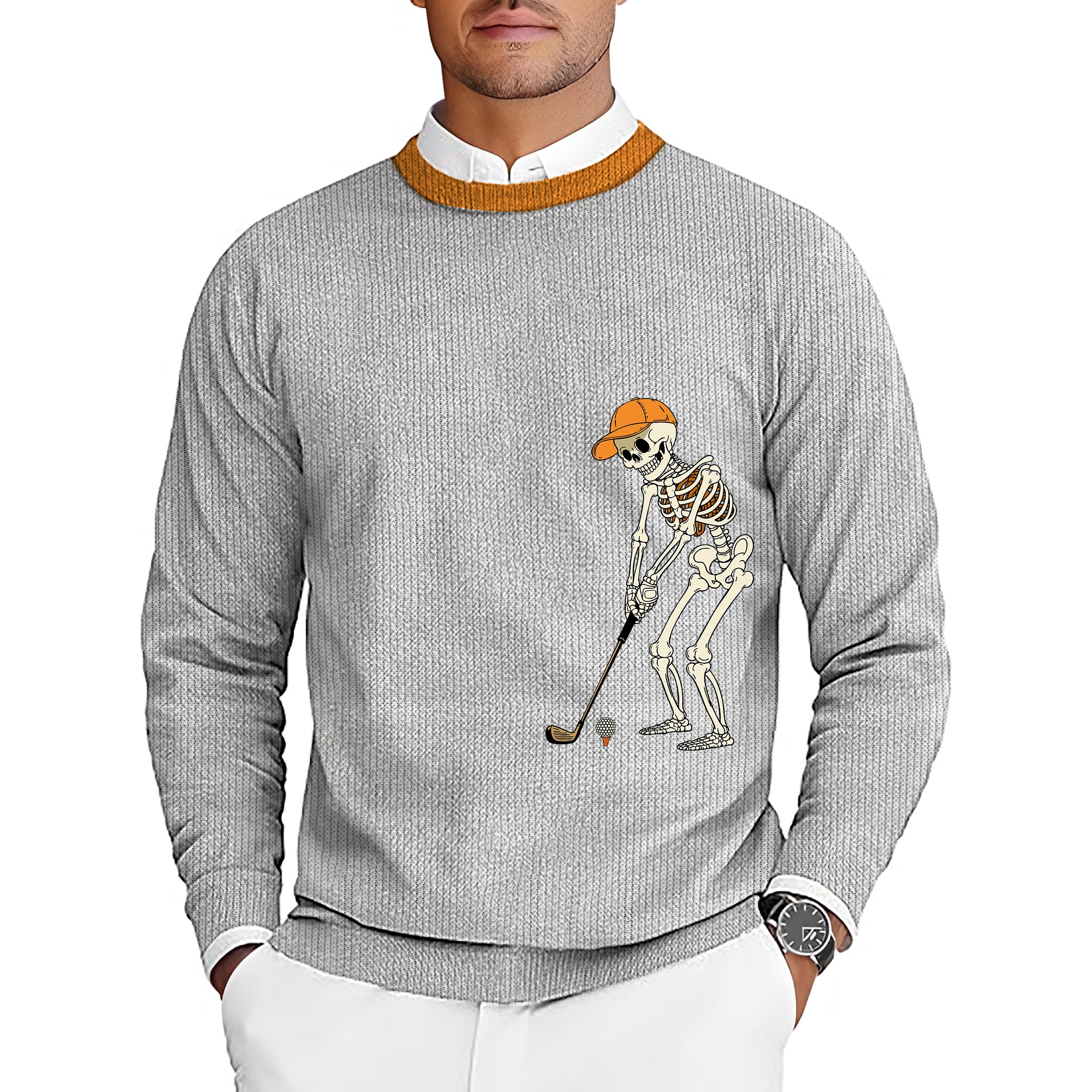 Pumpkin White Halloween Skeleton Golf Men's Golf Crewneck Pullover Sweaters Ugly Sweater