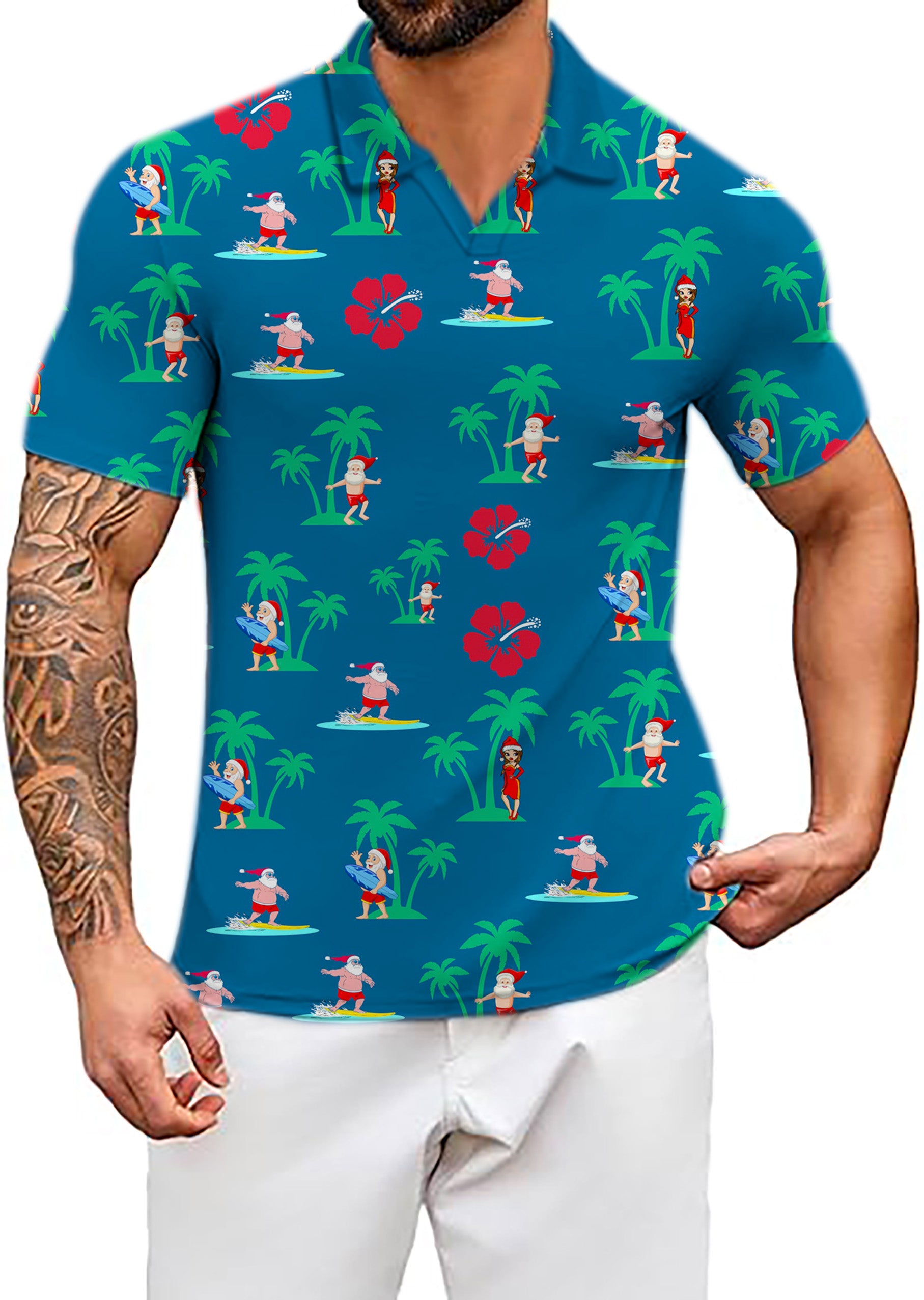 Men's Surfs Up Santa V Neck Golf Polo Shirts