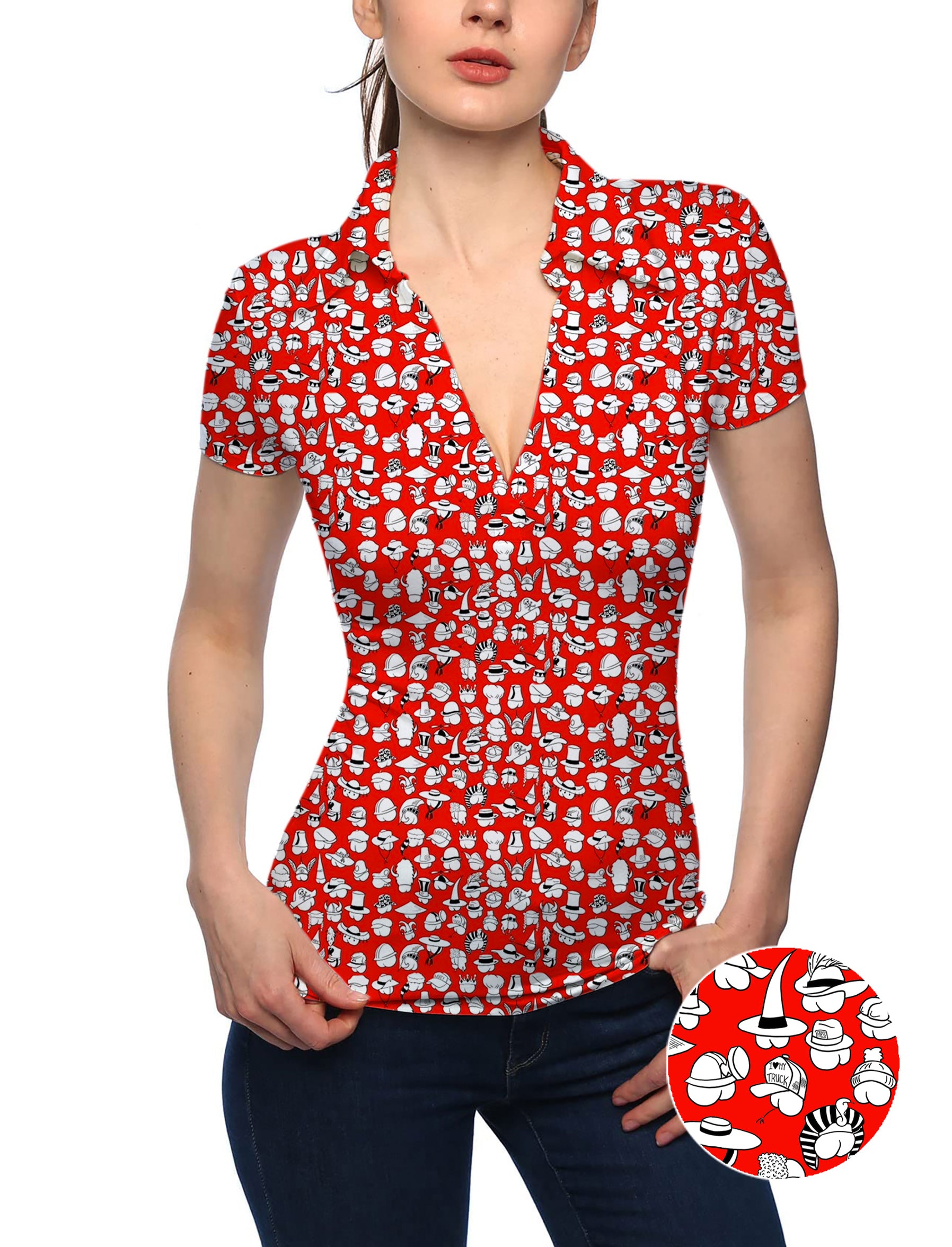 Women's Red Versatile Hips Designer style V Neck Golf Polo
