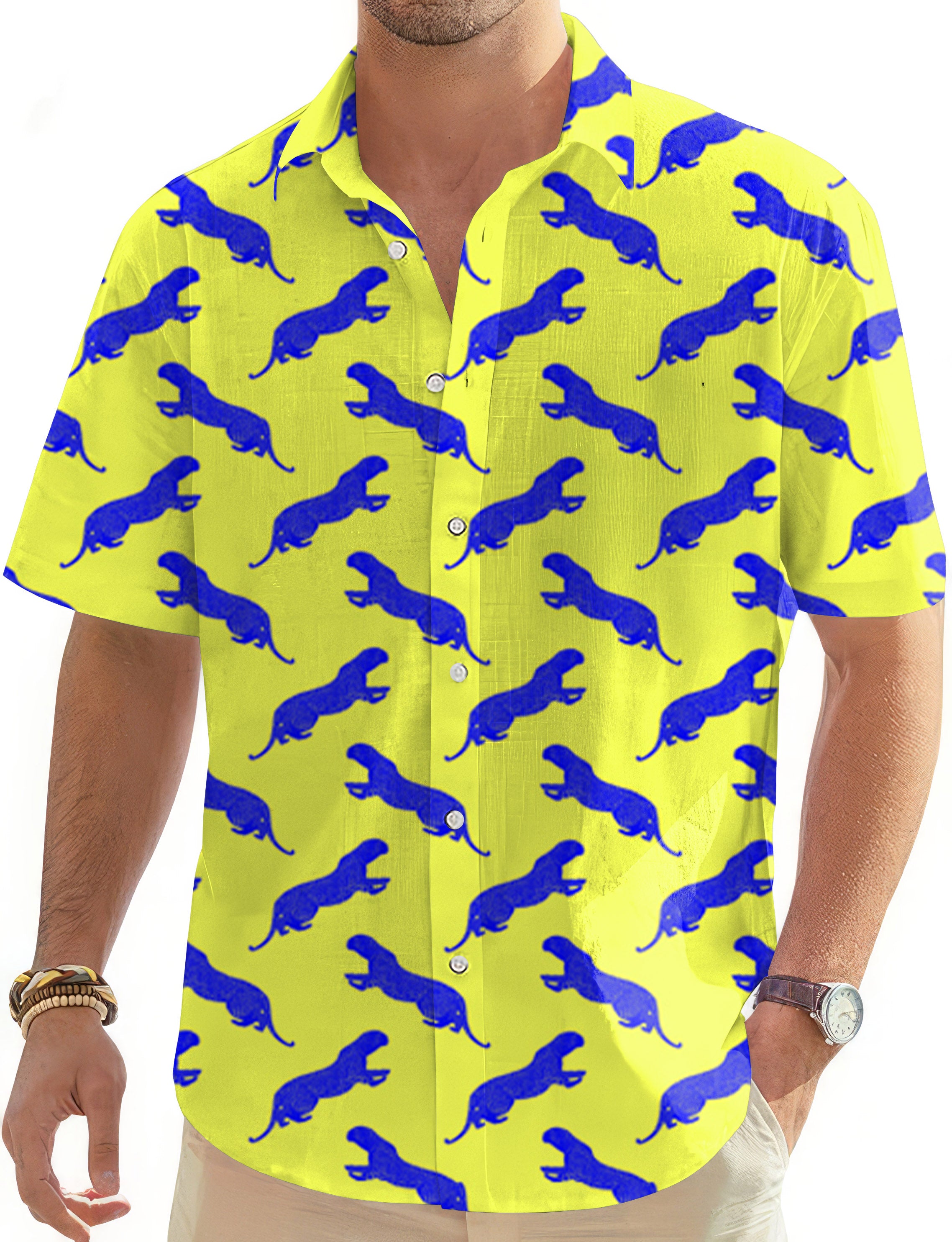 blue leopard Men's Golf Hawaiian Shirts Button Down Shirt