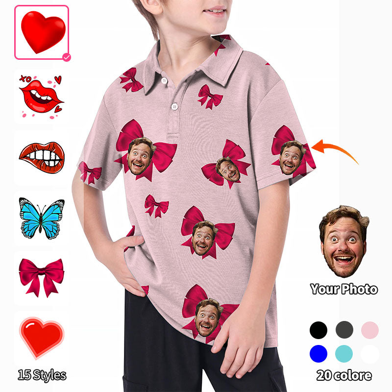Valentine's Day Youth Custom Photo Face Custom Color Pink Love Golf Polo