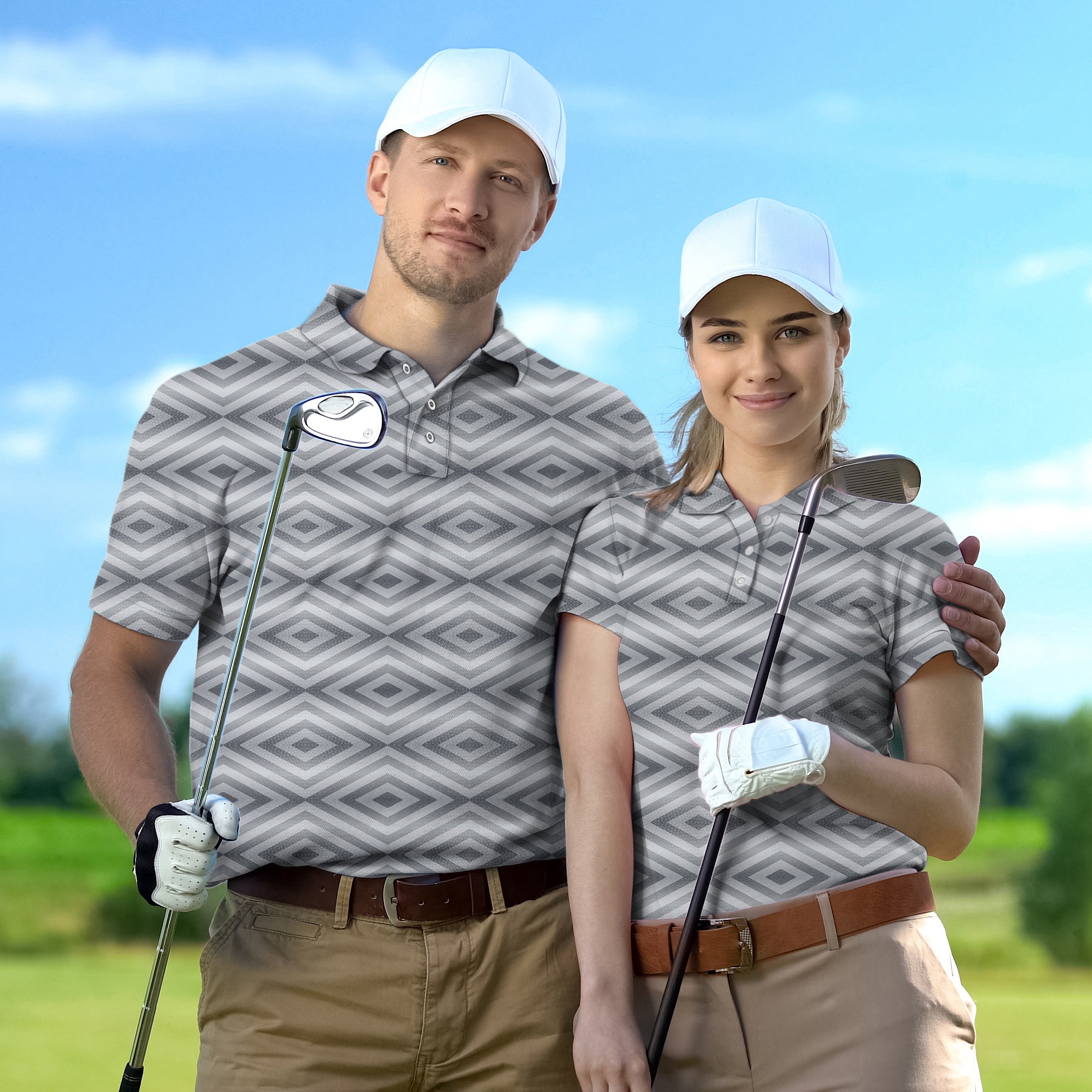 Golf Polo Couple Family set Gray stripe tournament