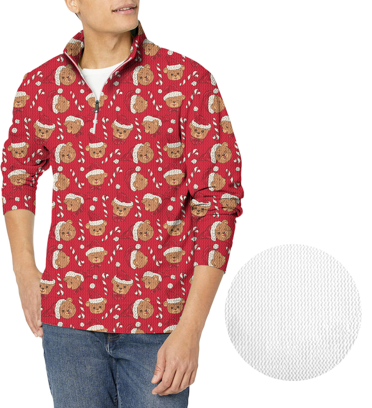 Red Christmas Teddy Bear Men's Golf Waffle Zipper Pullover
