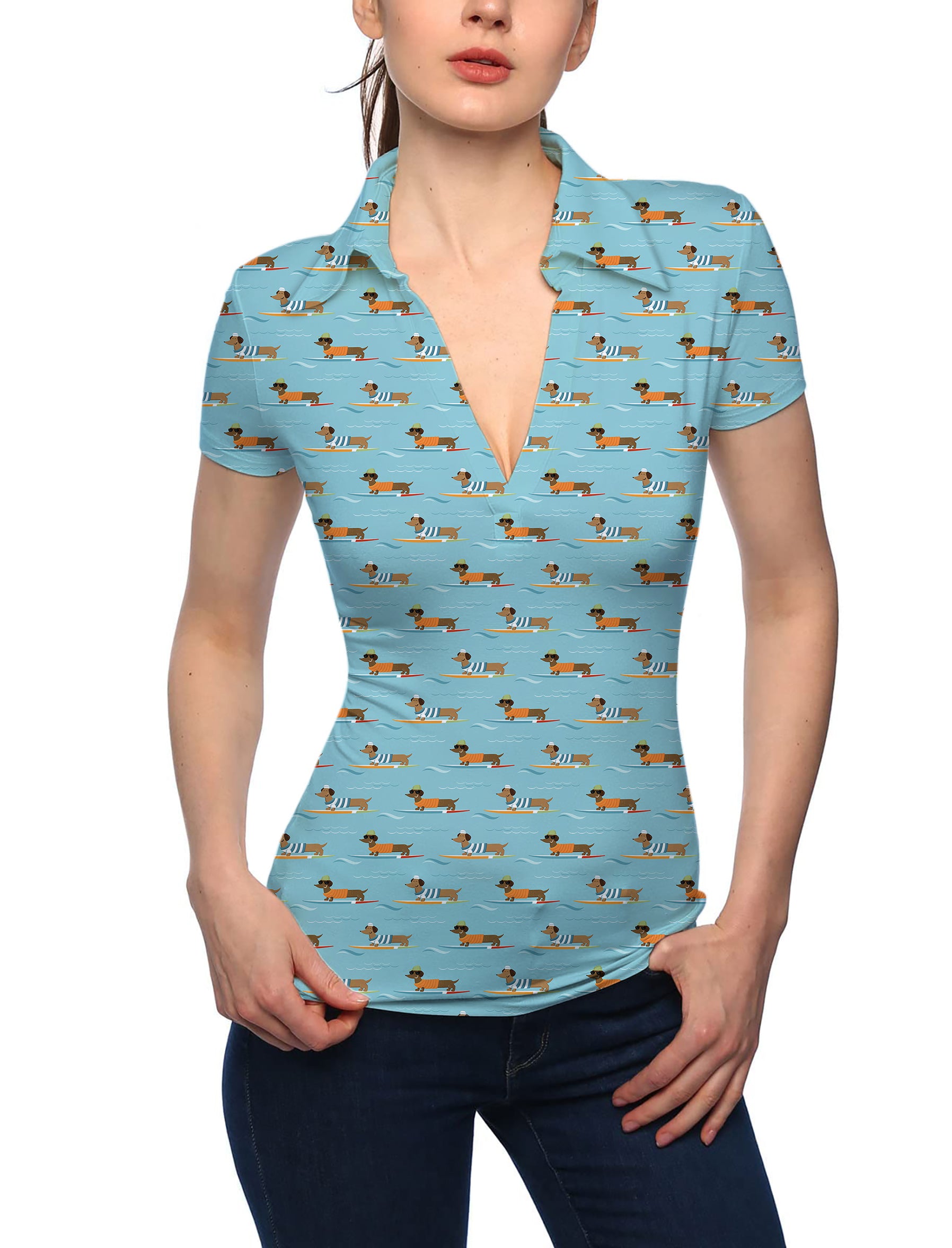 Women's Dachshund Surfing V Neck Golf Polo