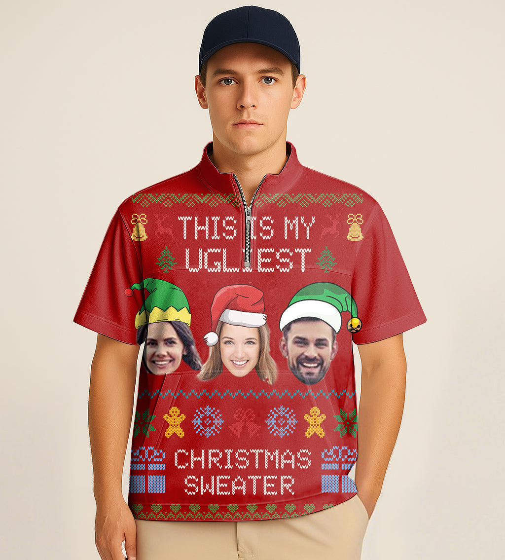 Red half zipper turtleneck golf shirt with custom Christmas face embroidery and festive design