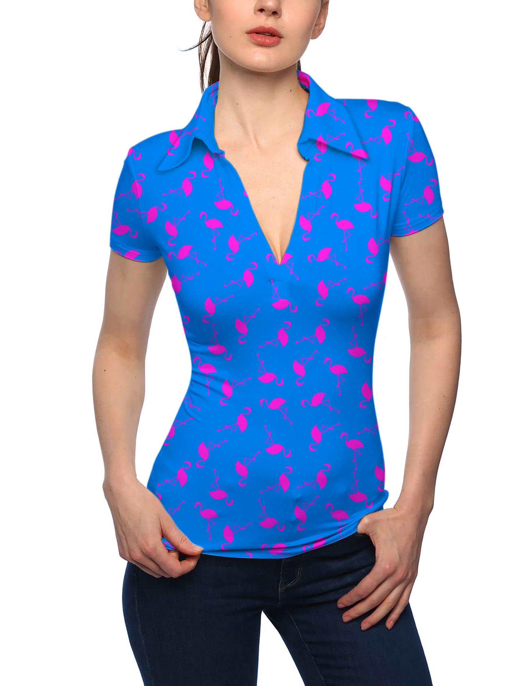 Women's Blue flamingo V Neck Golf Polo