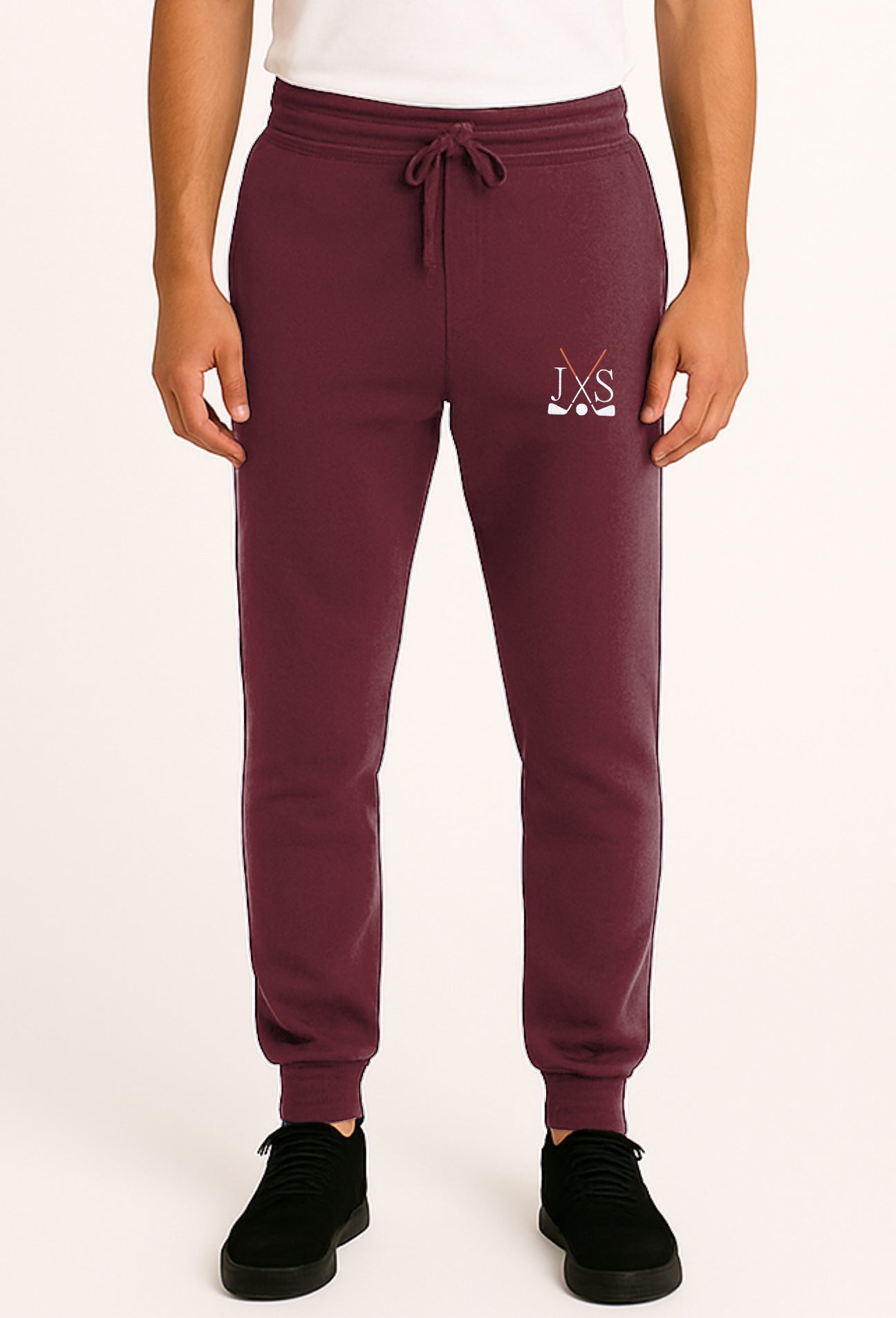 Plus size dark red embroidery solid color sports sweatpants with golf club initials design
