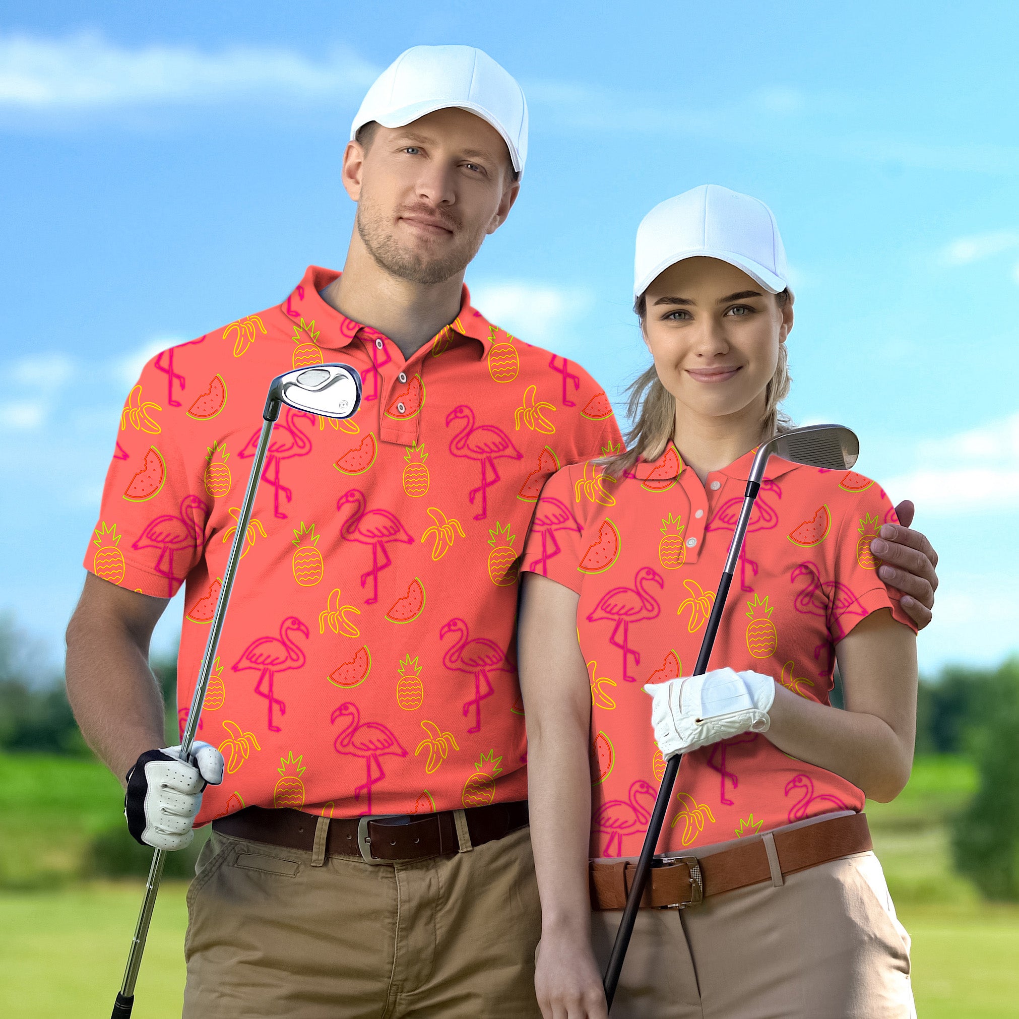 Golf Polo Couple Family set Fruity Flamingo