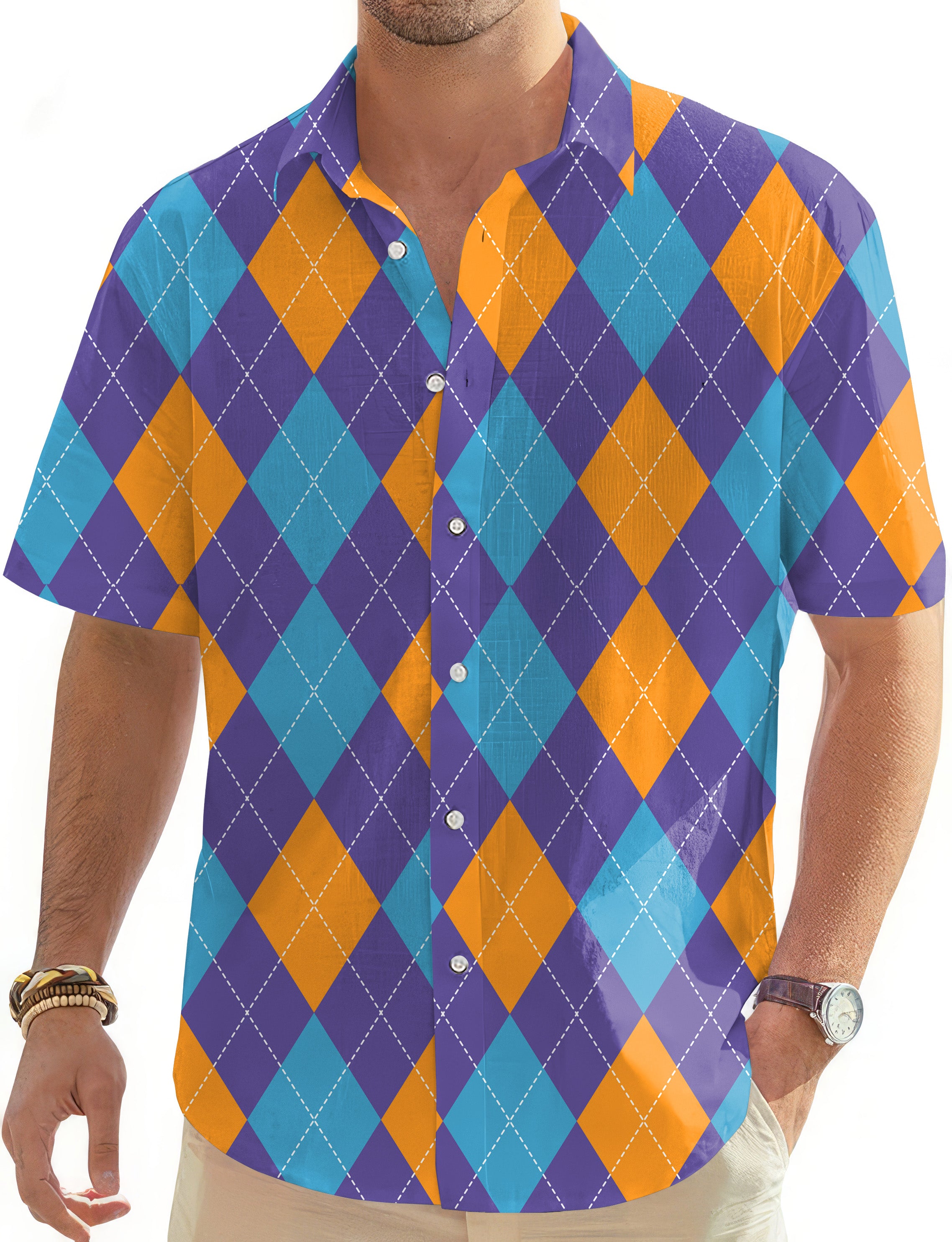 Purple orange blue Argyle-Men's Golf Hawaiian Shirts Button Down Shirt