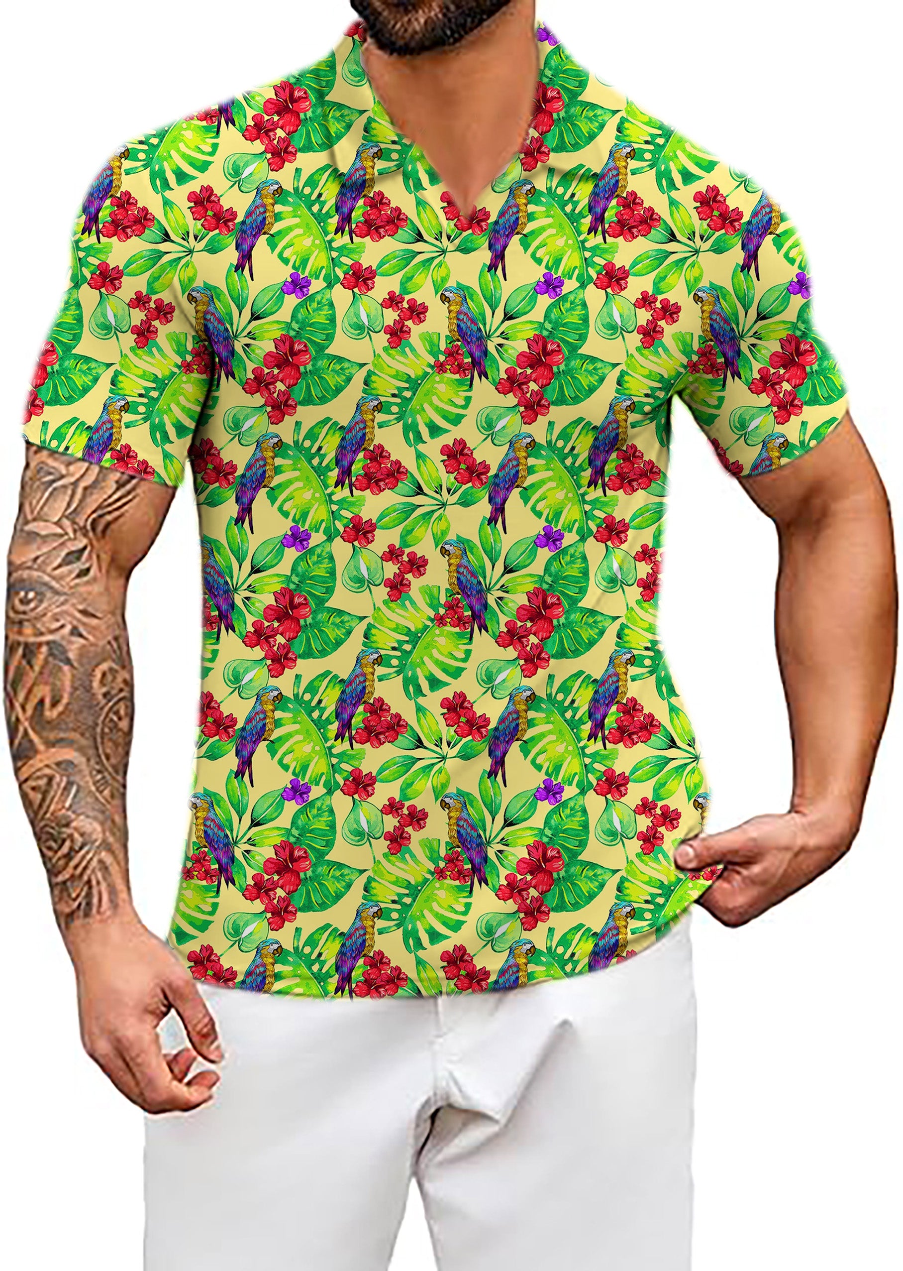 Men's Palm Leaf Toucan V Neck Golf Polo Shirts