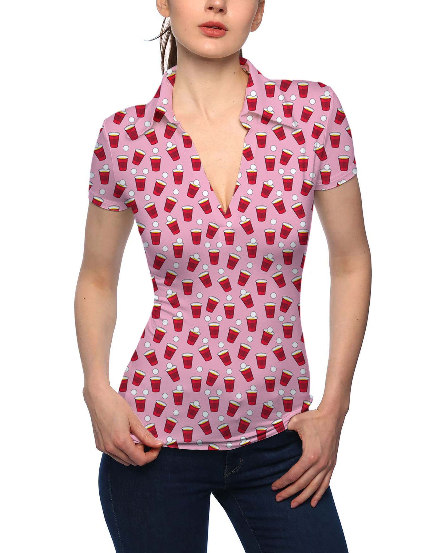 Women's RED SOLO CUP V Neck Golf Polo