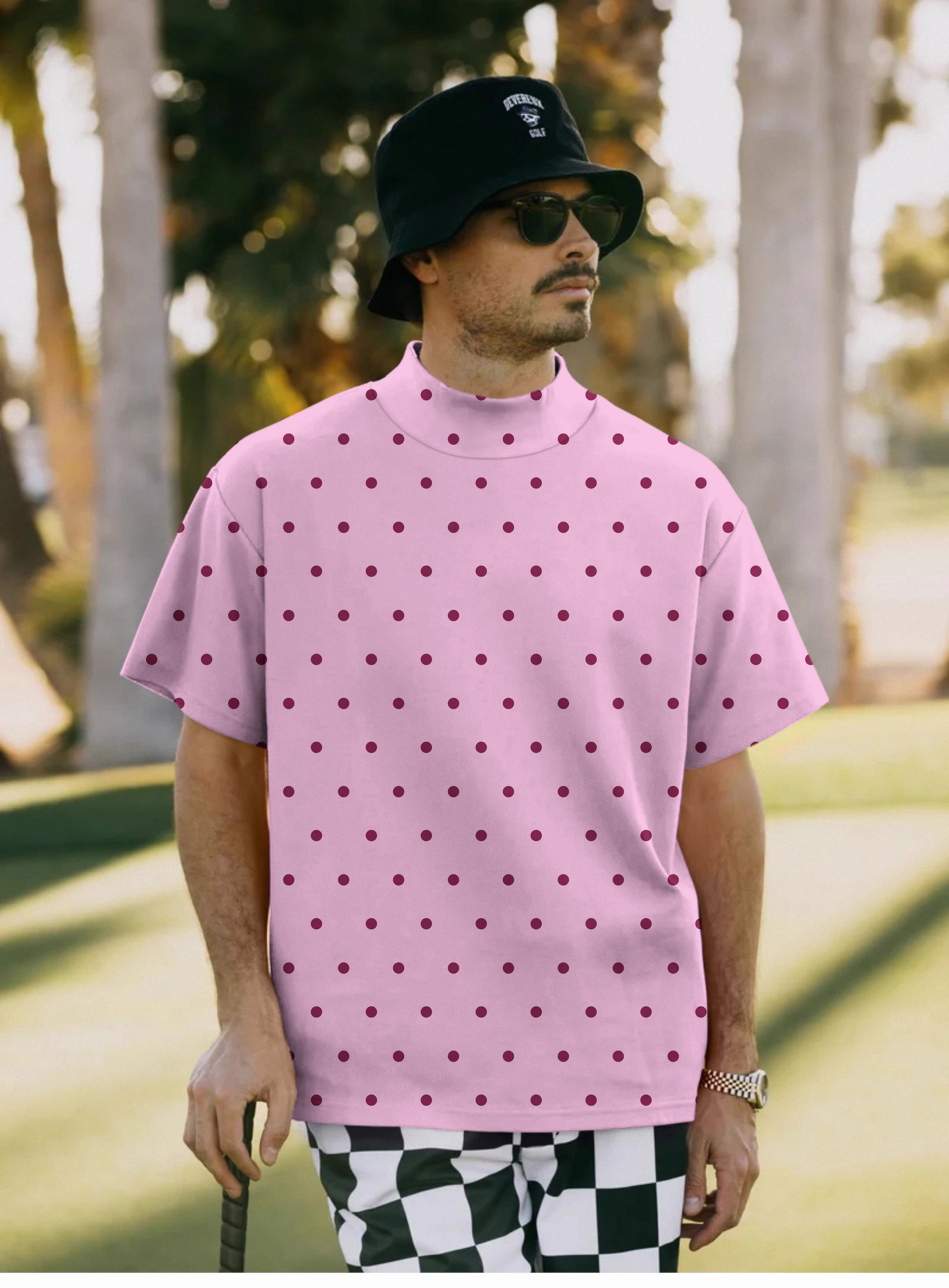 Men's Pink Polka Dots Mock Neck Long/Short Sleeve Golf Tops