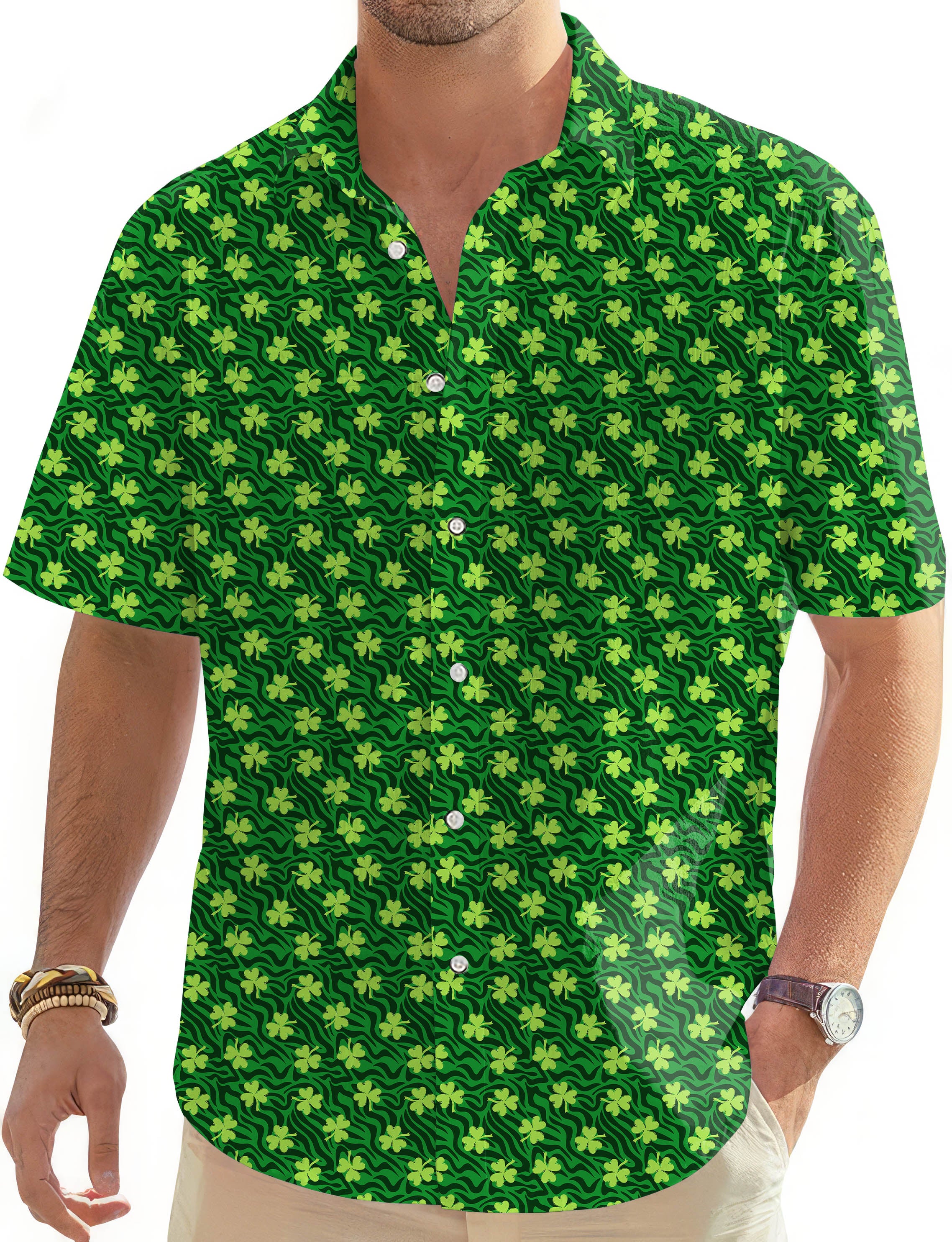 Leaf clover Green zebra St. Patrick's Day-Men's Golf Hawaiian Shirts Button Down Shirt