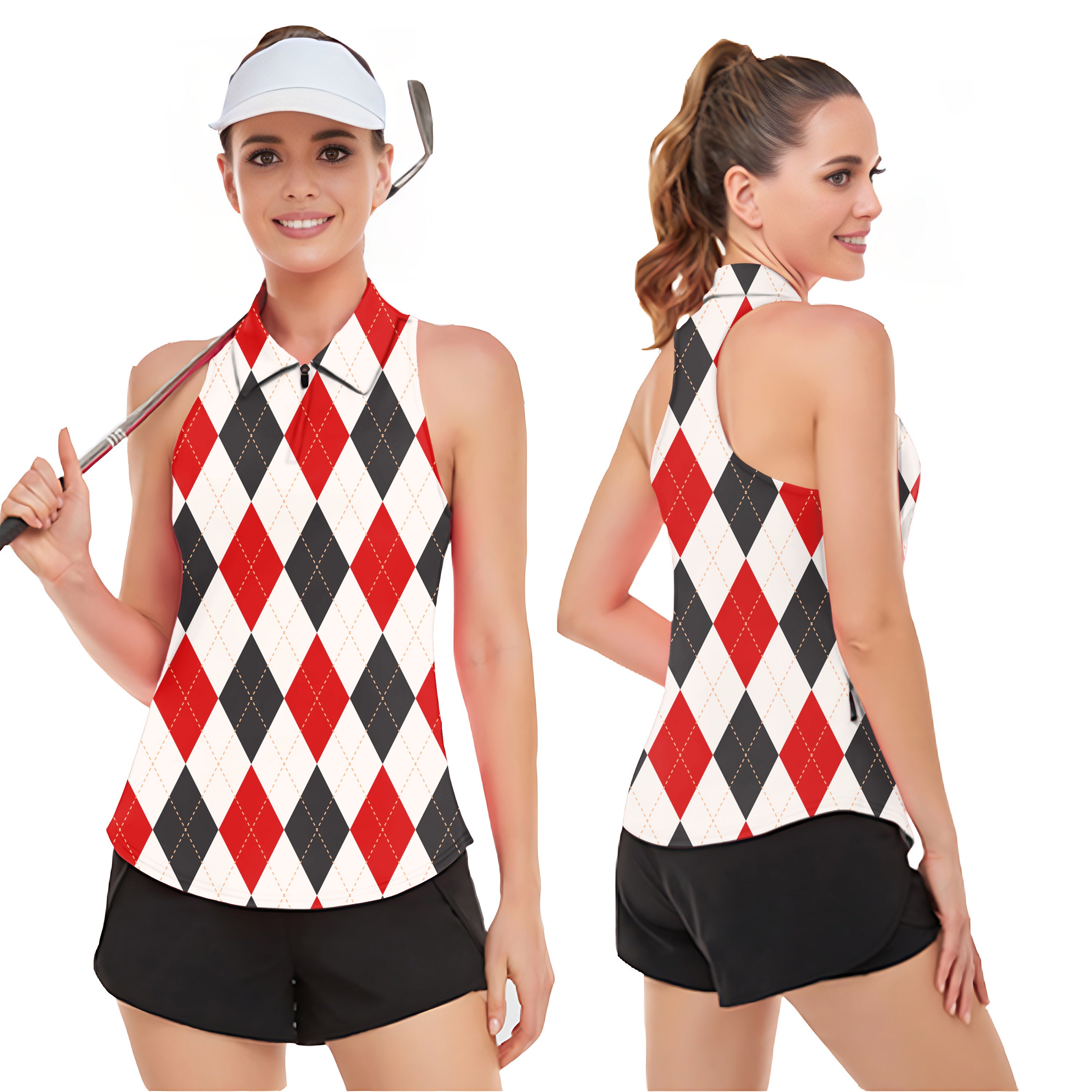 Argyle Red black grid Women’s Sleeveless Golf Tank Top Shirt Polo