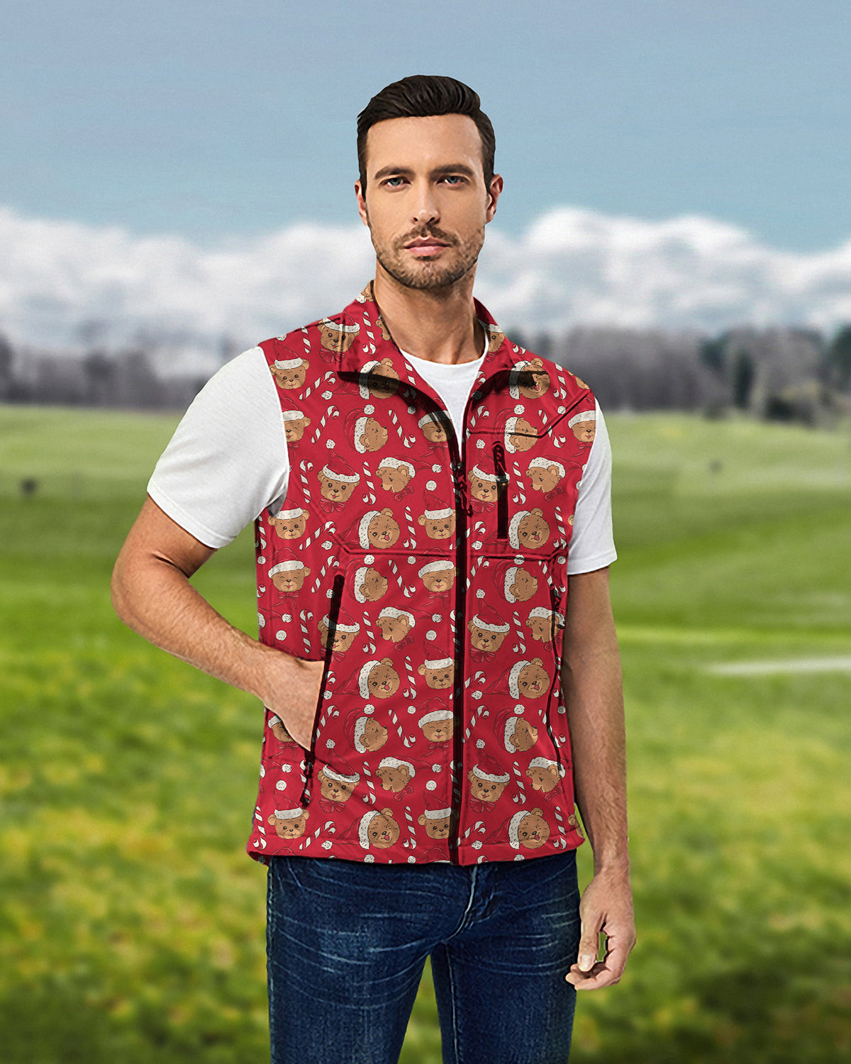 Men's Red Christmas Teddy Bear Lightweight Softshell Vest Sleeveless Jacket for Golf Windproof Waterproof
