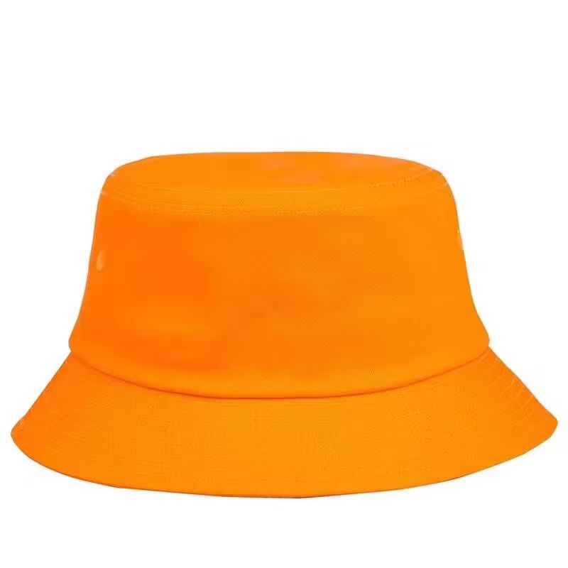 Bright orange bucket hat, customizable embroidered name design, durable cotton material, casual and stylish sun protection accessory.