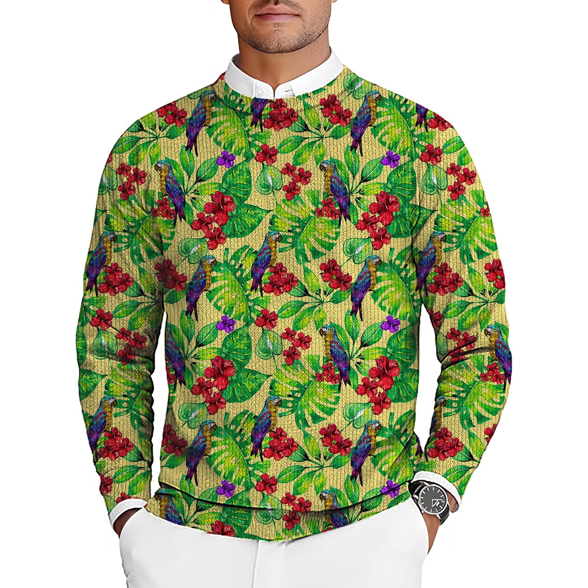Palm Leaf Toucan Men's Golf Crewneck Pullover Sweaters Ugly Sweater