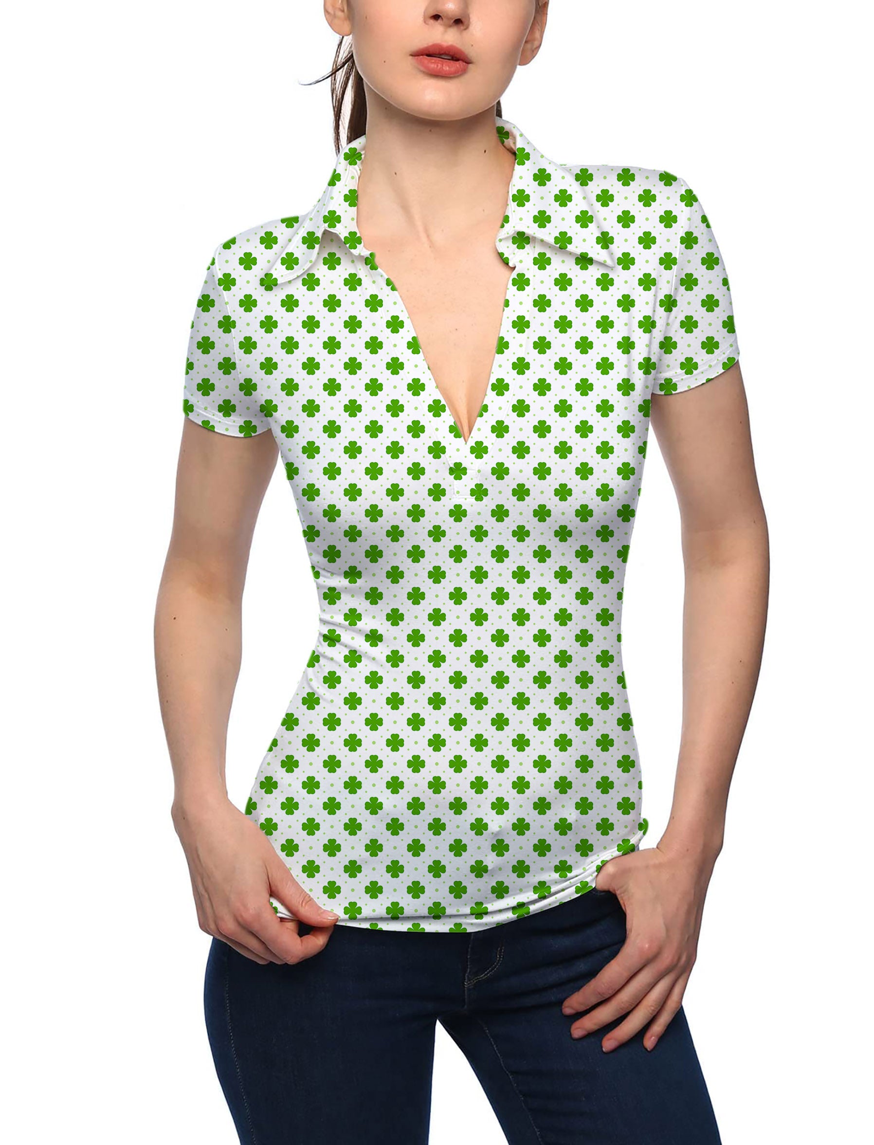 Women's Leaf clover St. Patrick's Day V Neck Golf Polo