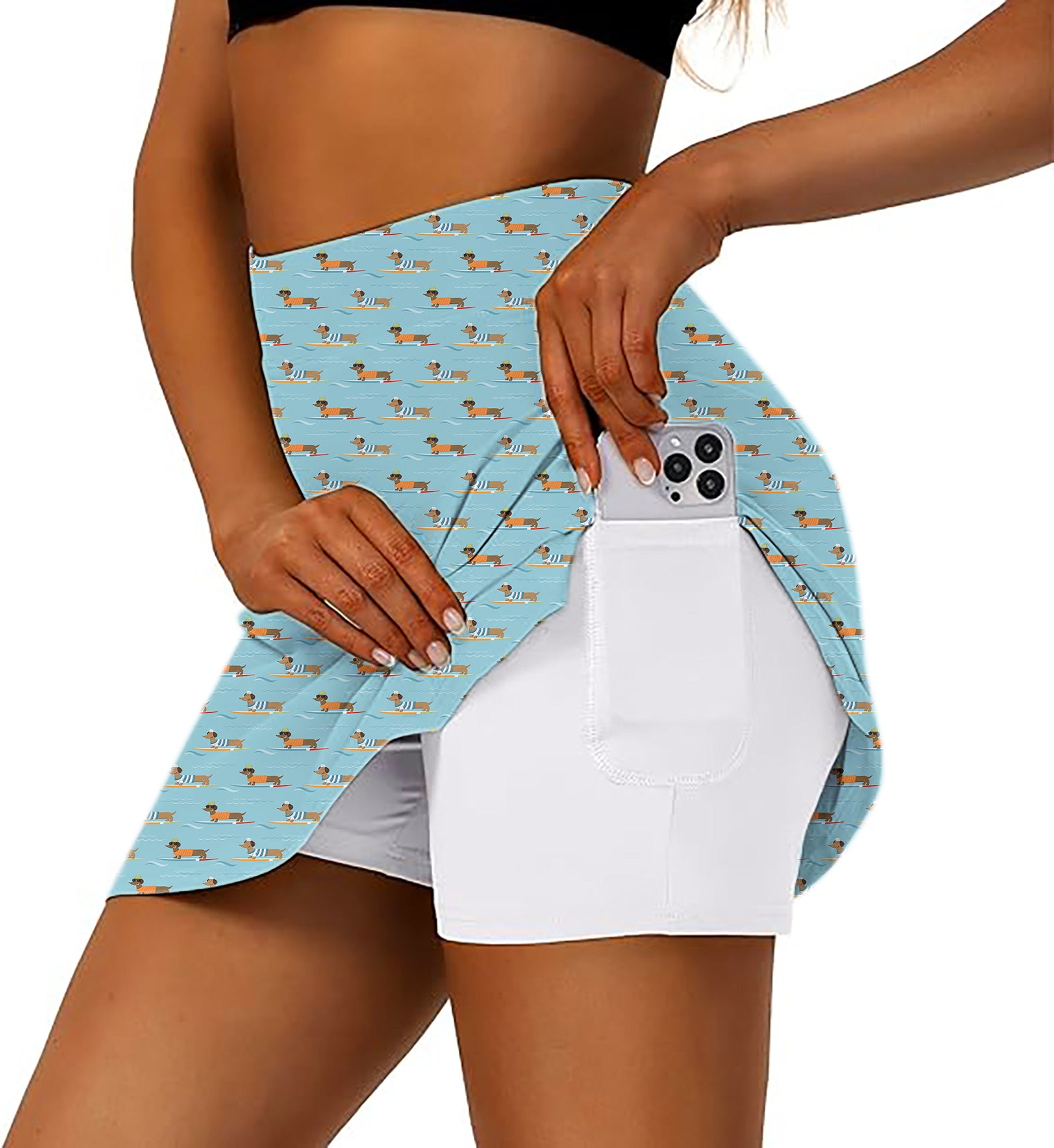 Women's Dachshund Surfing Golf Skirts Inner Shorts Pocket