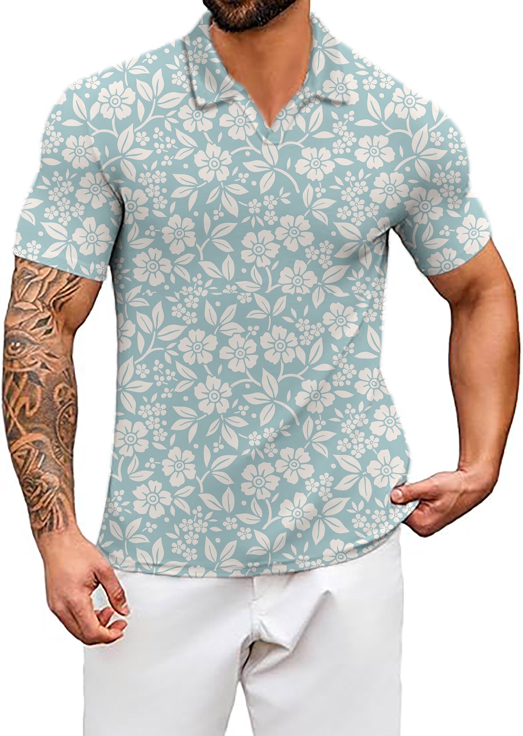 Men's Relaxed Blue Floral V Neck Golf Polo Shirts