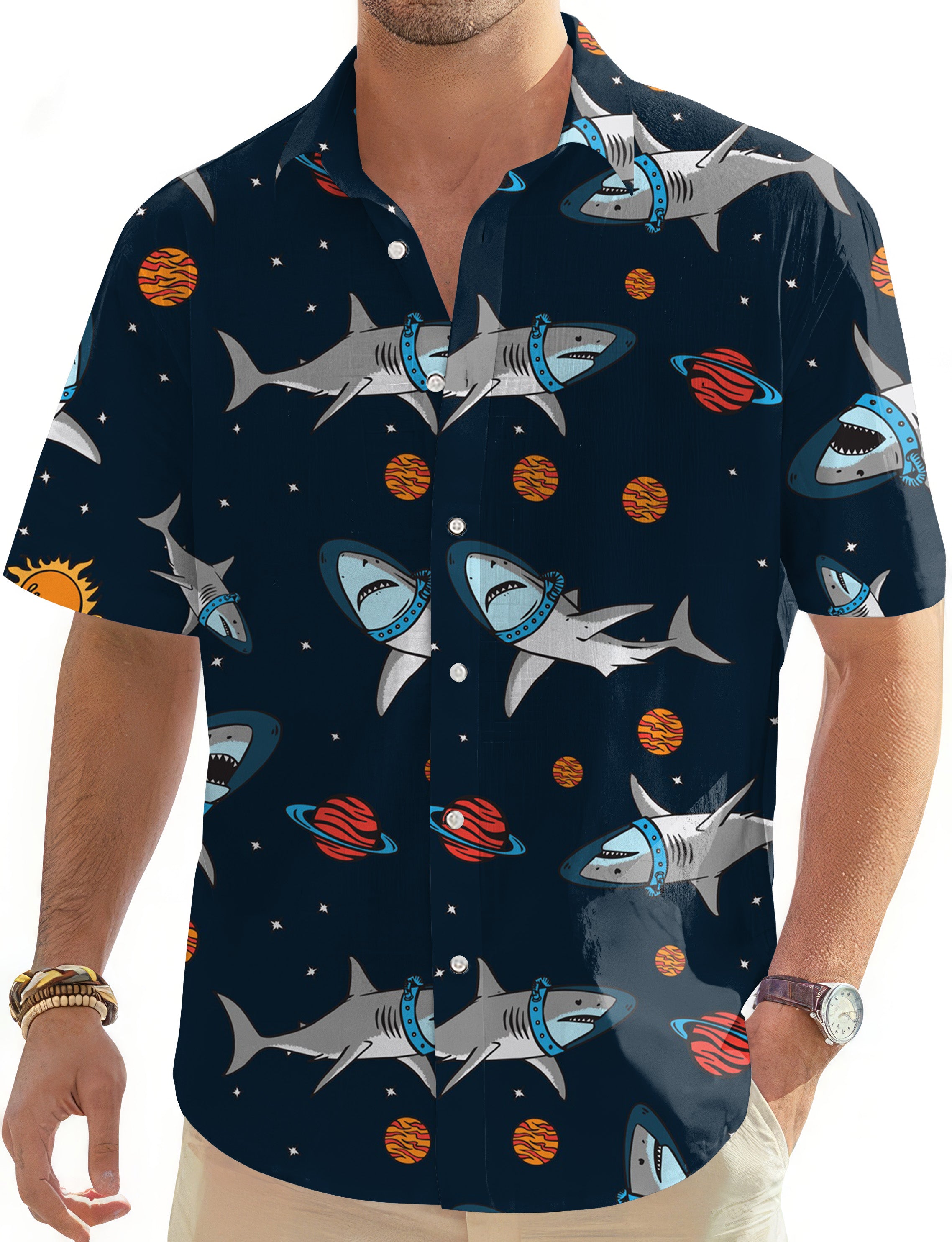 Sharks in Space-Men's Golf Hawaiian Shirts Button Down Shirt