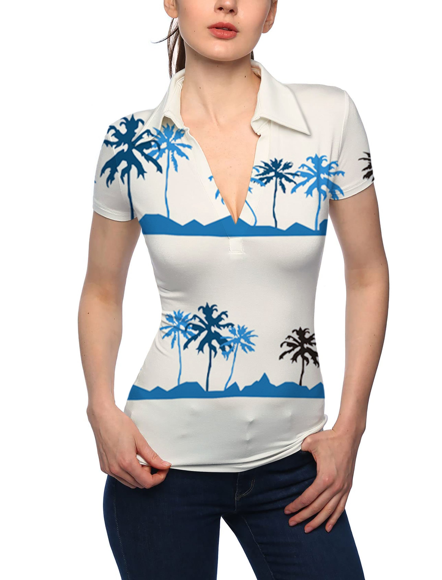 Women's palm tree V Neck Golf Polo