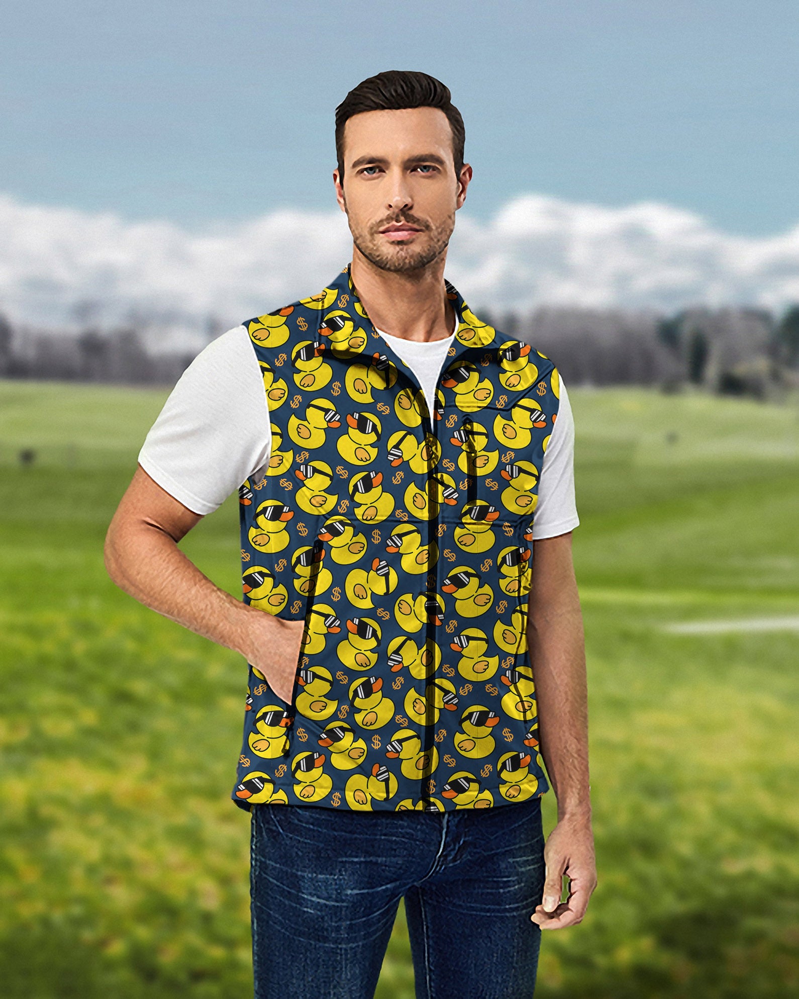 Men's Yellow duck Lightweight Softshell Vest Sleeveless Jacket for Golf Windproof Waterproof
