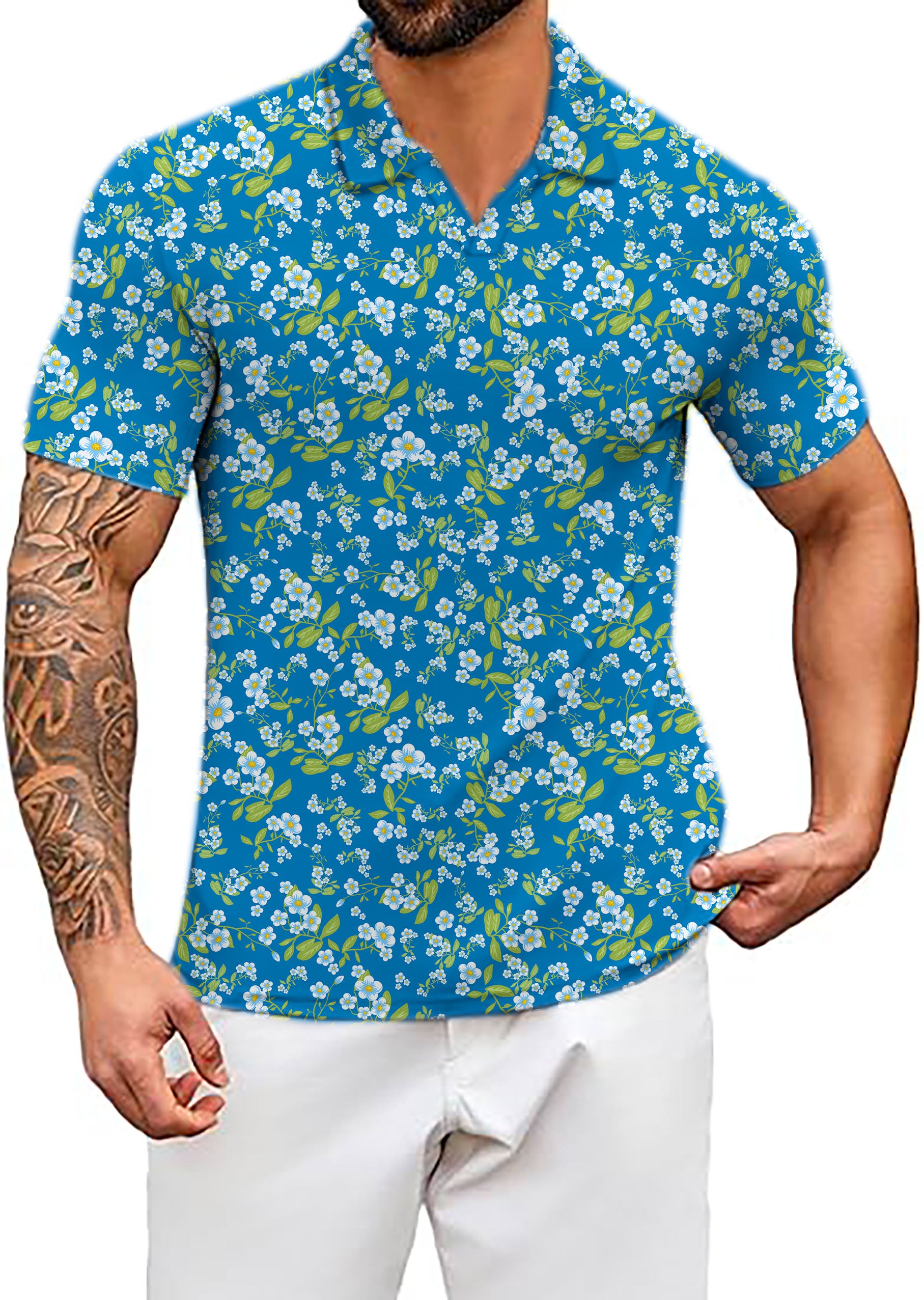 Men's Blue Daisy V Neck Golf Polo Shirts