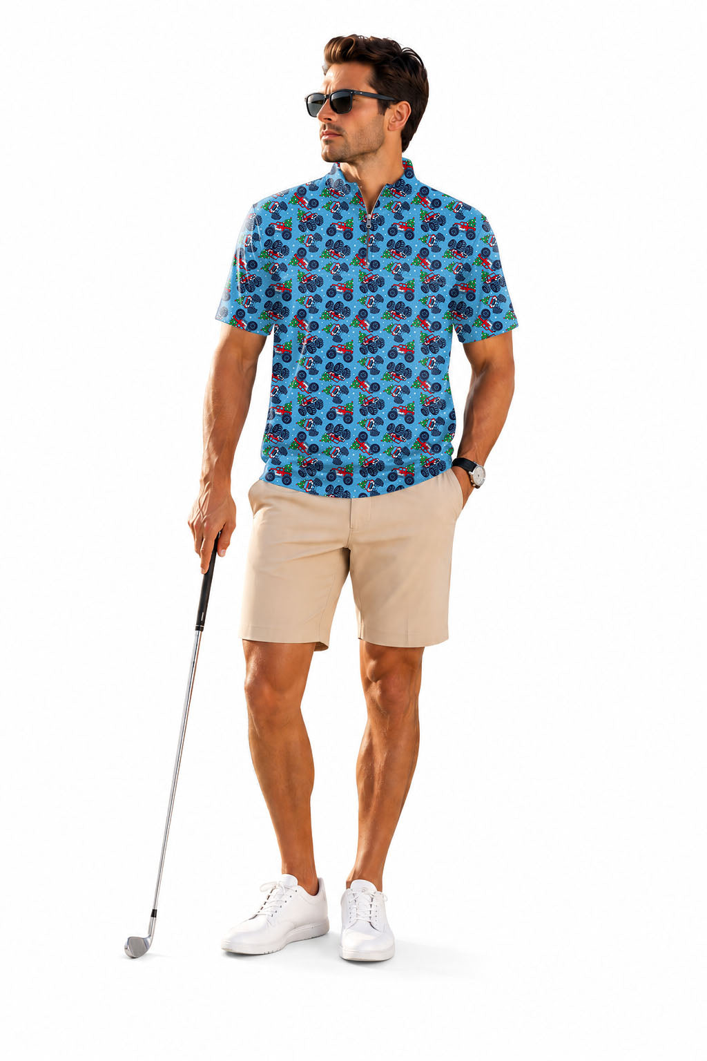 Men's Short Sleeve Quarter Zip Golf Pullover   Christmas truck Embroidery