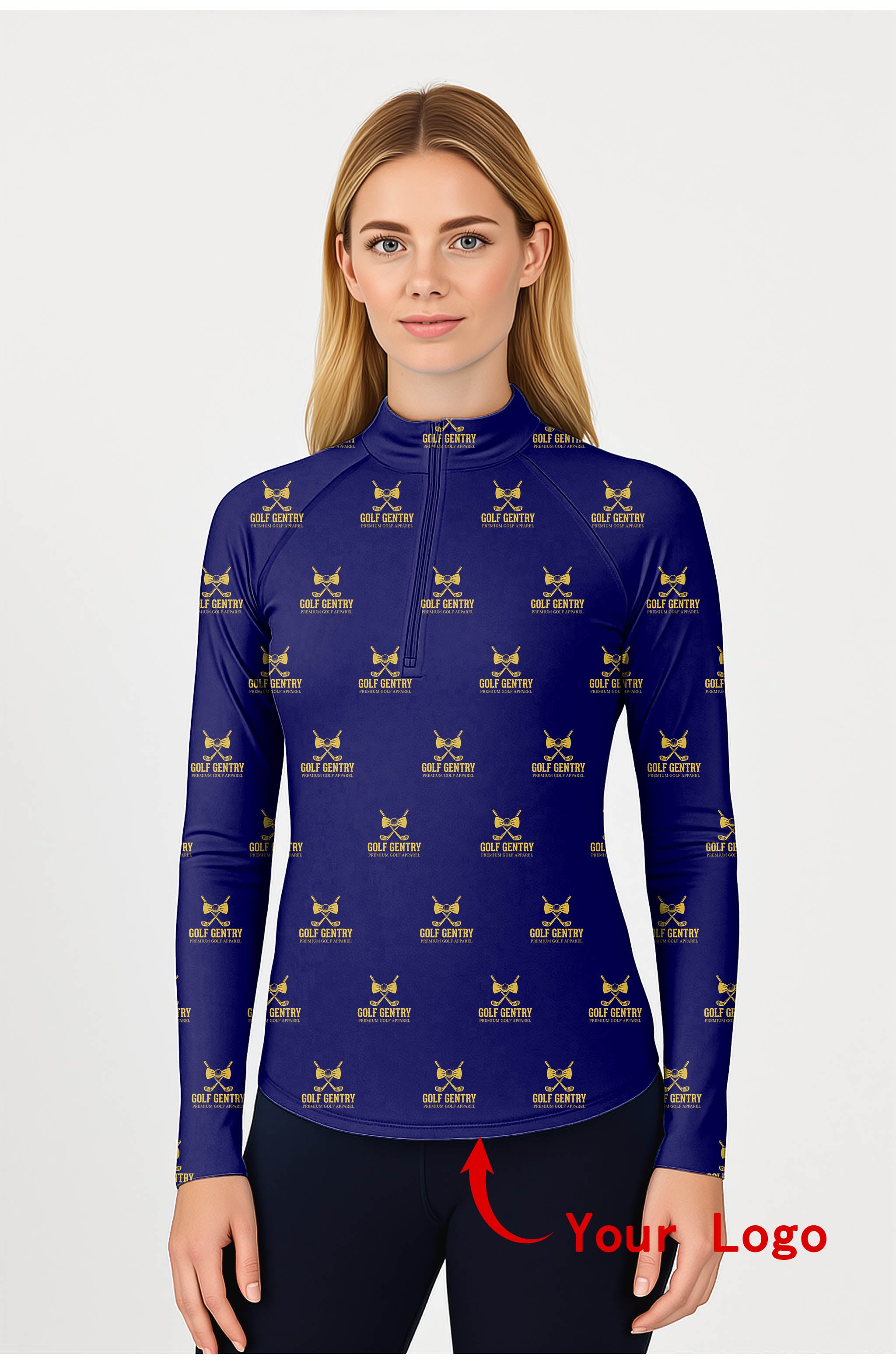 Custom Company Sport Team Logo Face  Women's Golf Active 3/4 Zipper Top Long Sleeves