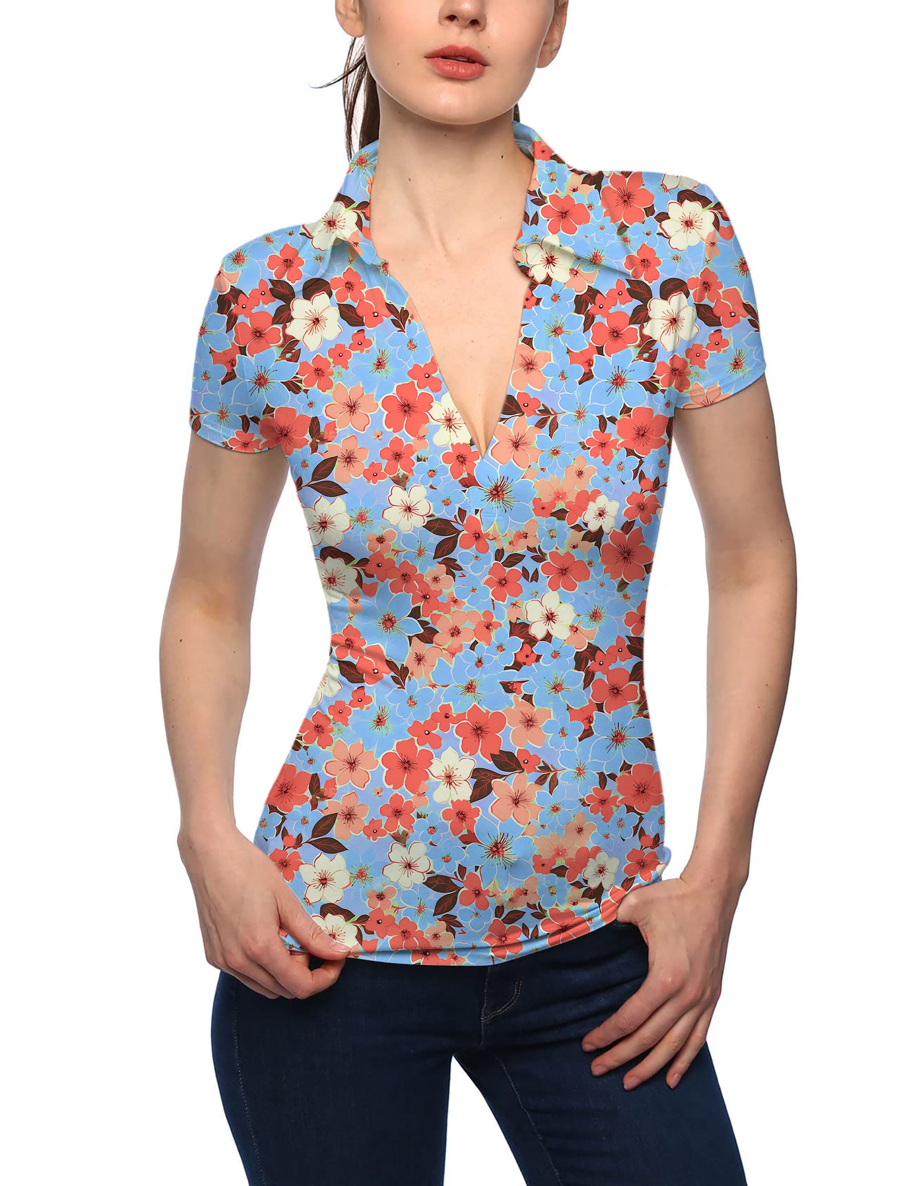 Women's Light Tropical flowers V Neck Golf Polo