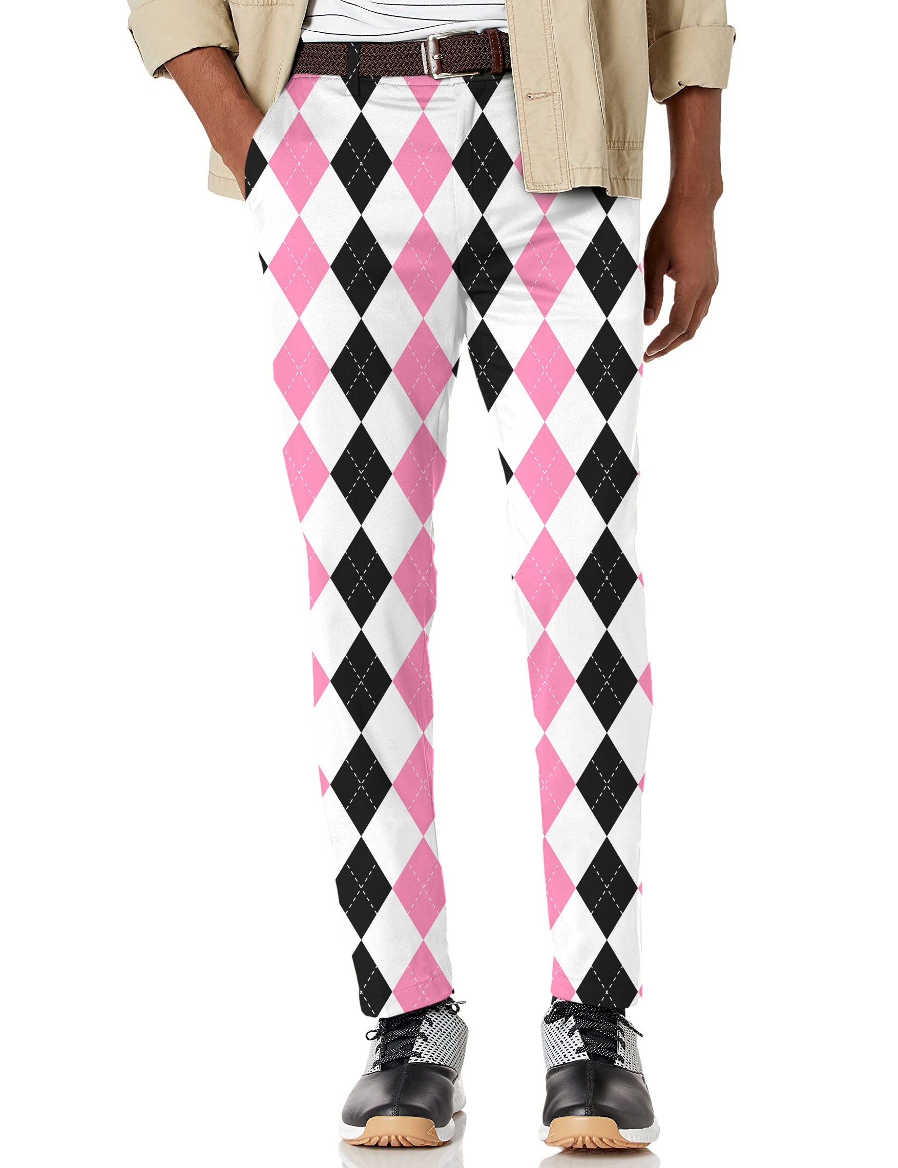 Men's pink black argyle Stretch Golf Pants