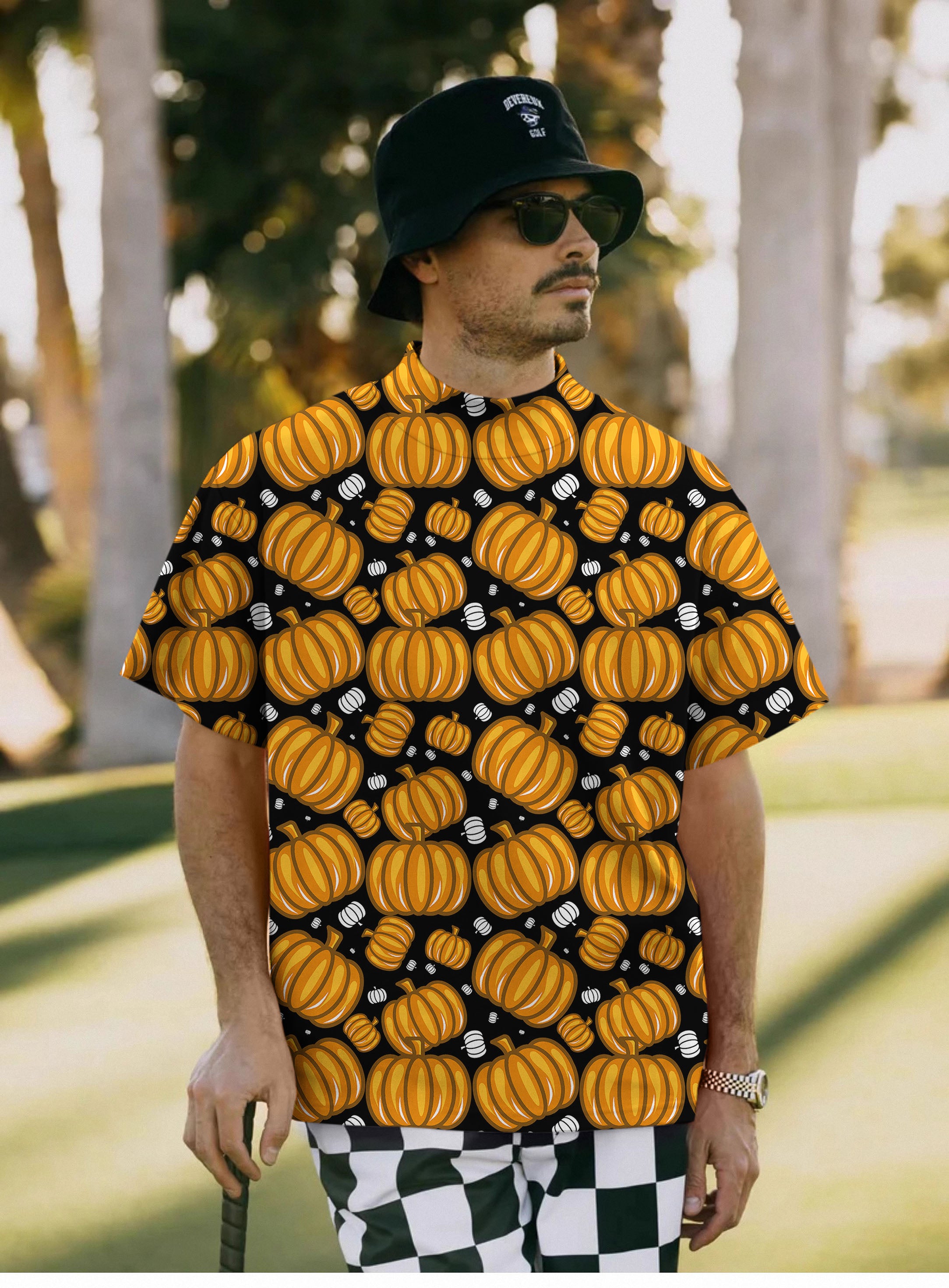 Men's Halloween Pumpkin Family Pullover High neck Long/Short sleeve T-Shirt