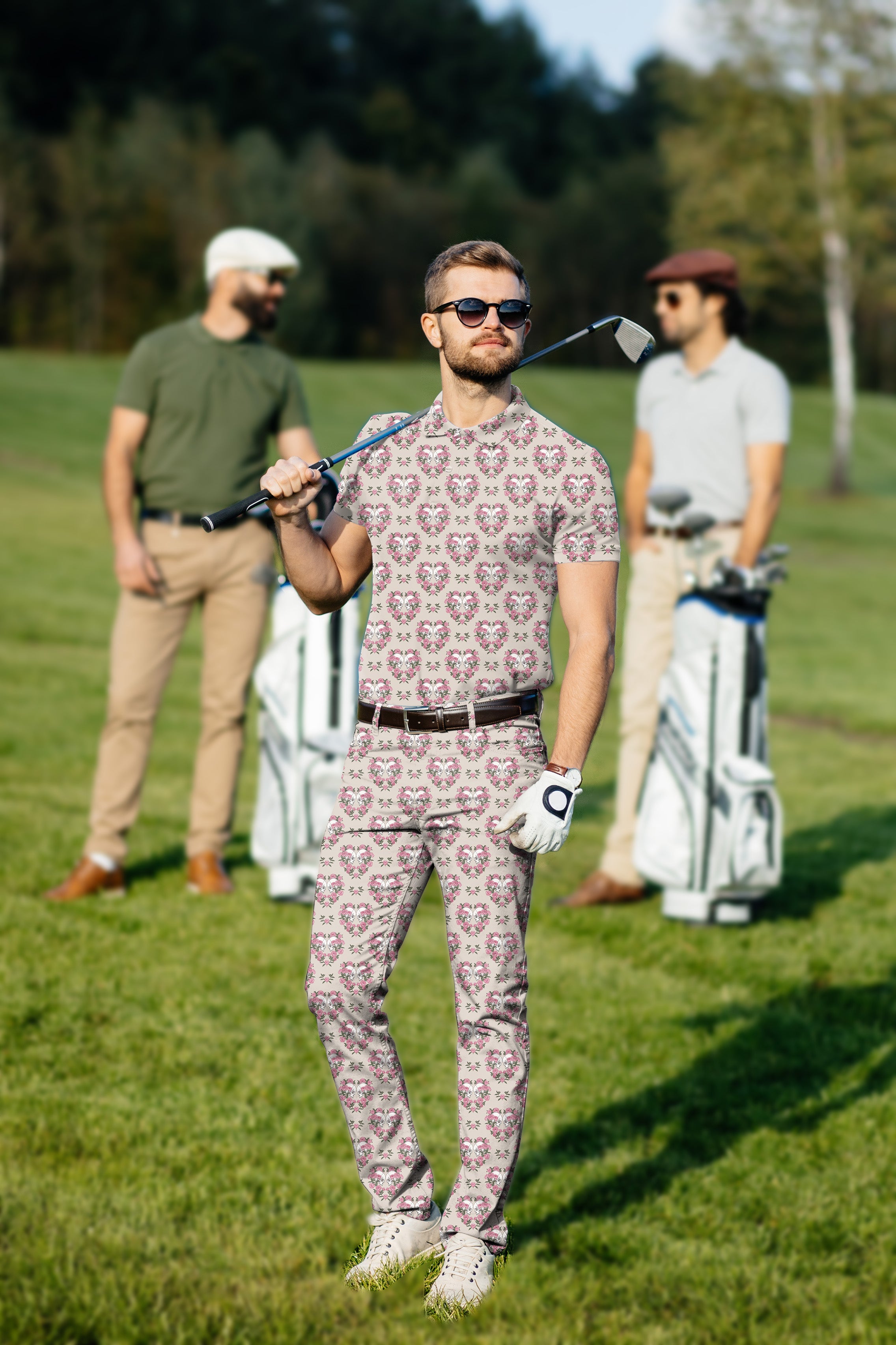 Men's Golf Set Polo+Pants Halloween Skull Rose