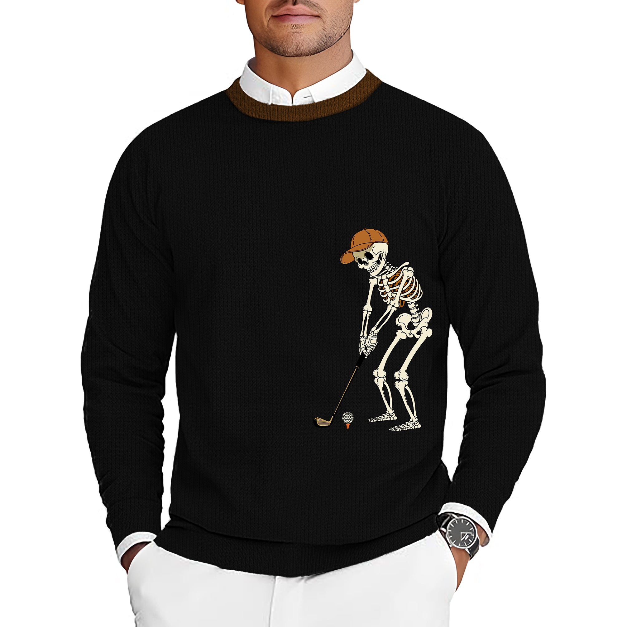 Pumpkin Black Halloween Skeleton Golf Men's Golf Crewneck Pullover Sweaters Ugly Sweater