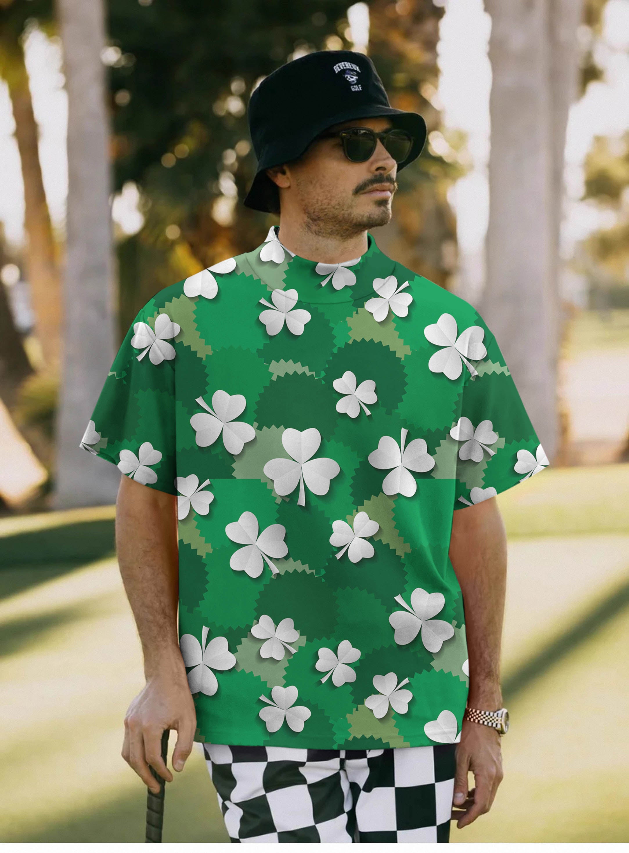 Men's Leaf clover St. Patrick's Day Pullover High neck Long/Short sleeve T-Shirt