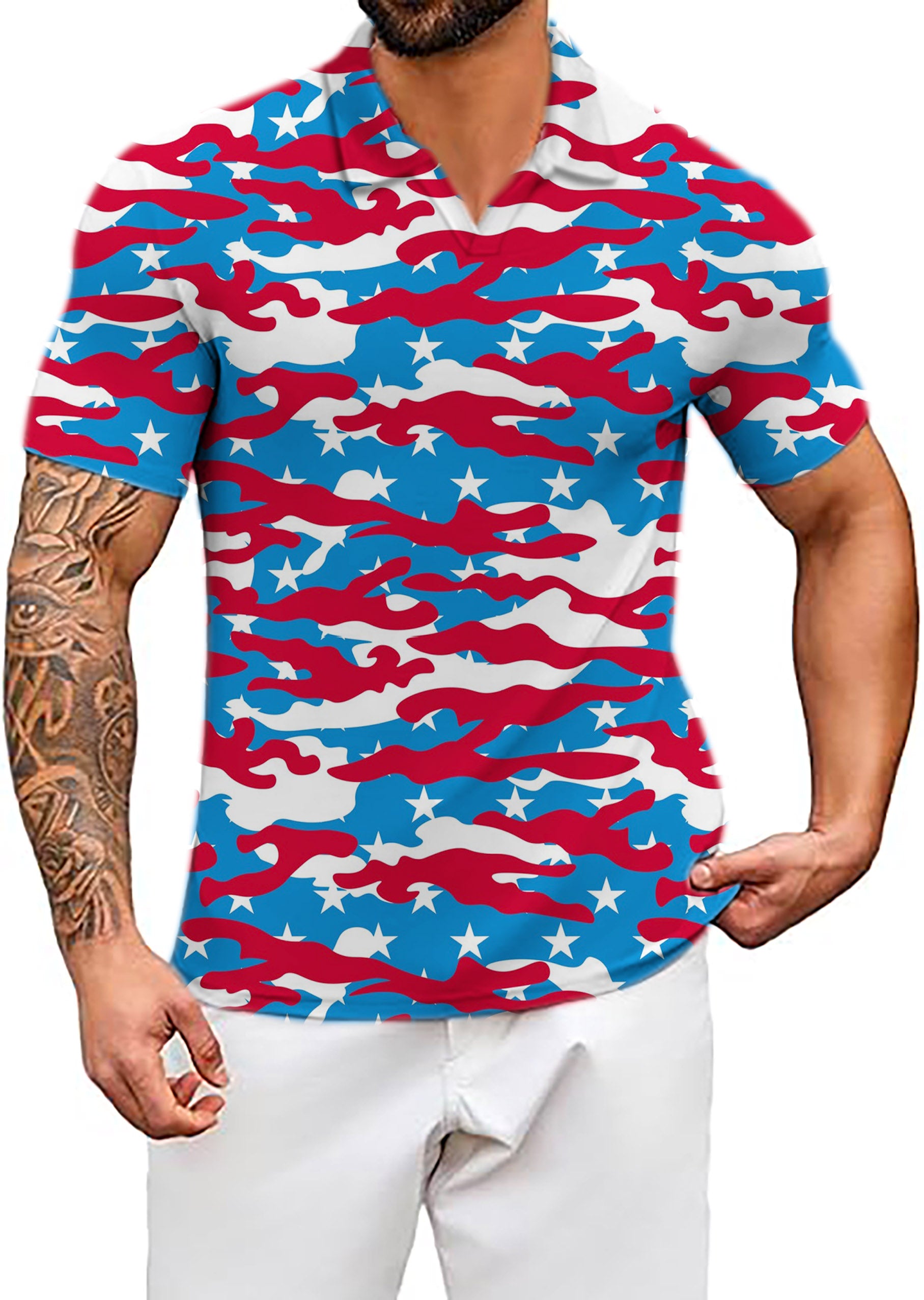 Men's Patriotic Camo V Neck Golf Polo Shirts