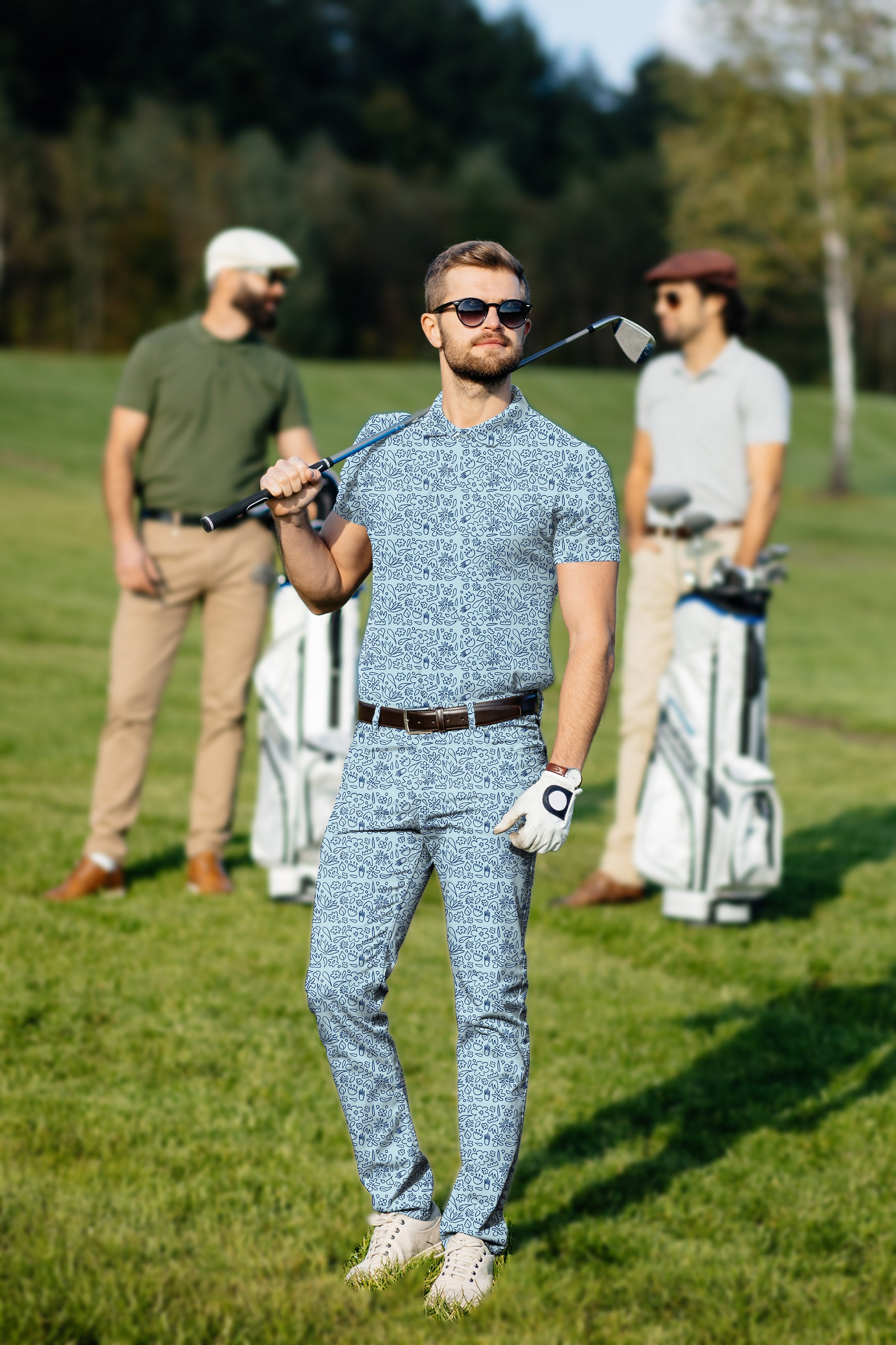 Men's Golf Set Polo+Pants Simple Blue flower drawing