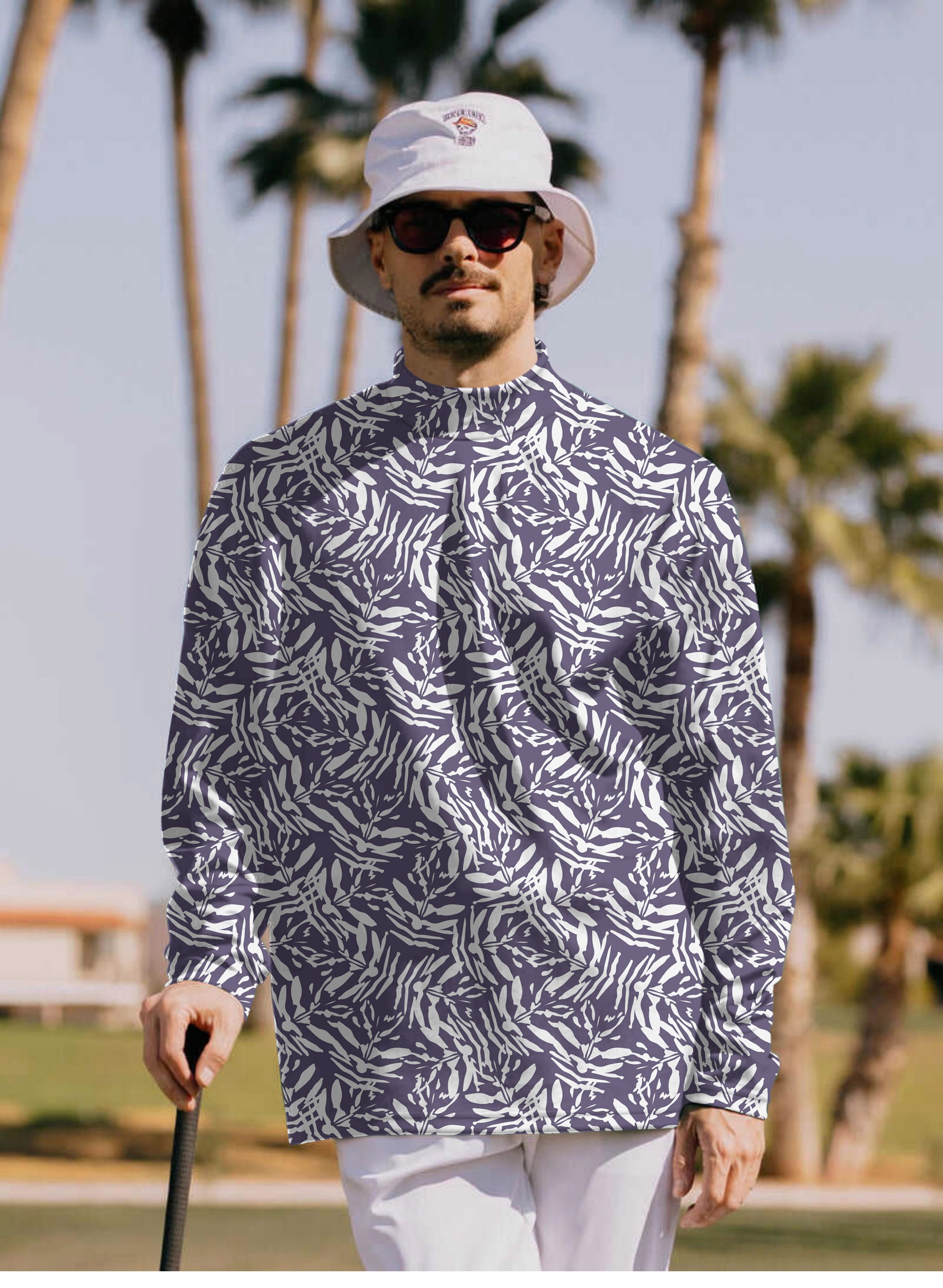 Men's abstract Navy Pullover High neck Long/Short sleeve T-Shirt