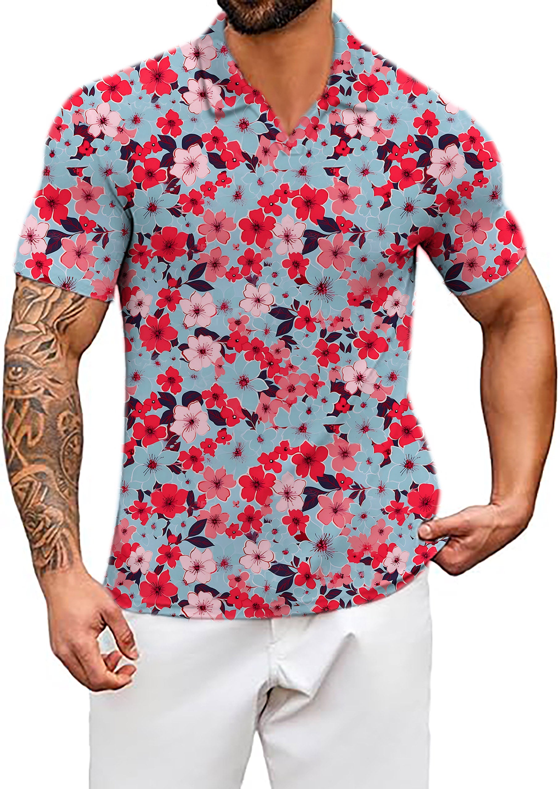 Men's Tropical flowers V Neck Golf Polo Shirts