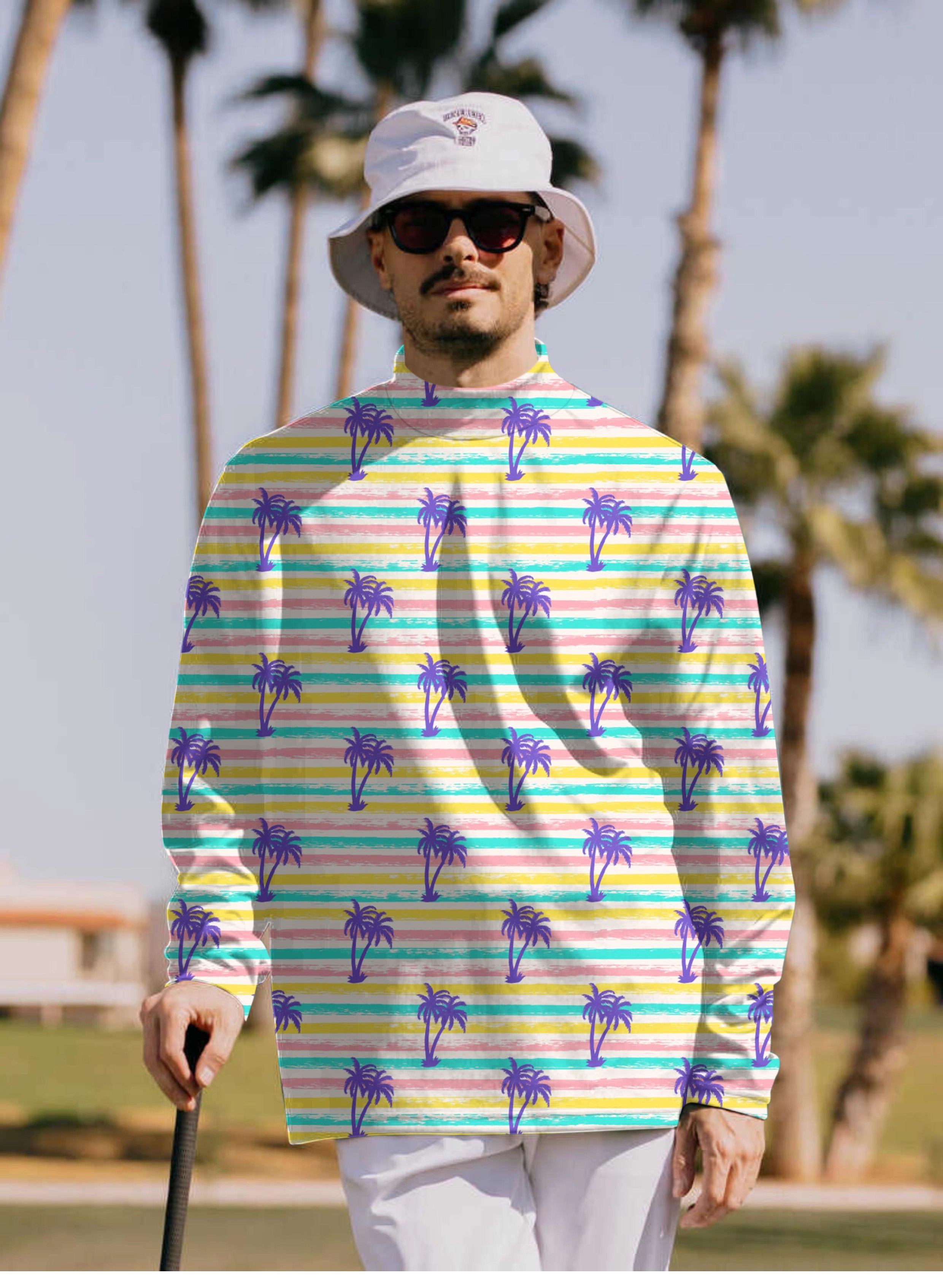 Men's Striped Summer Palm tree Pullover High neck Long/Short sleeve T-Shirt